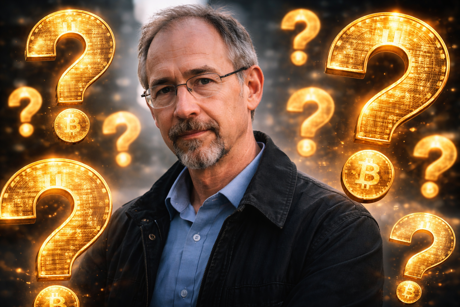 Adam Back au centre d’une composition photographique entouré de points d’interrogation dorés inspirés du Bitcoin, illustrant les doutes persistants autour de l’identité supposée de Satoshi Nakamoto.