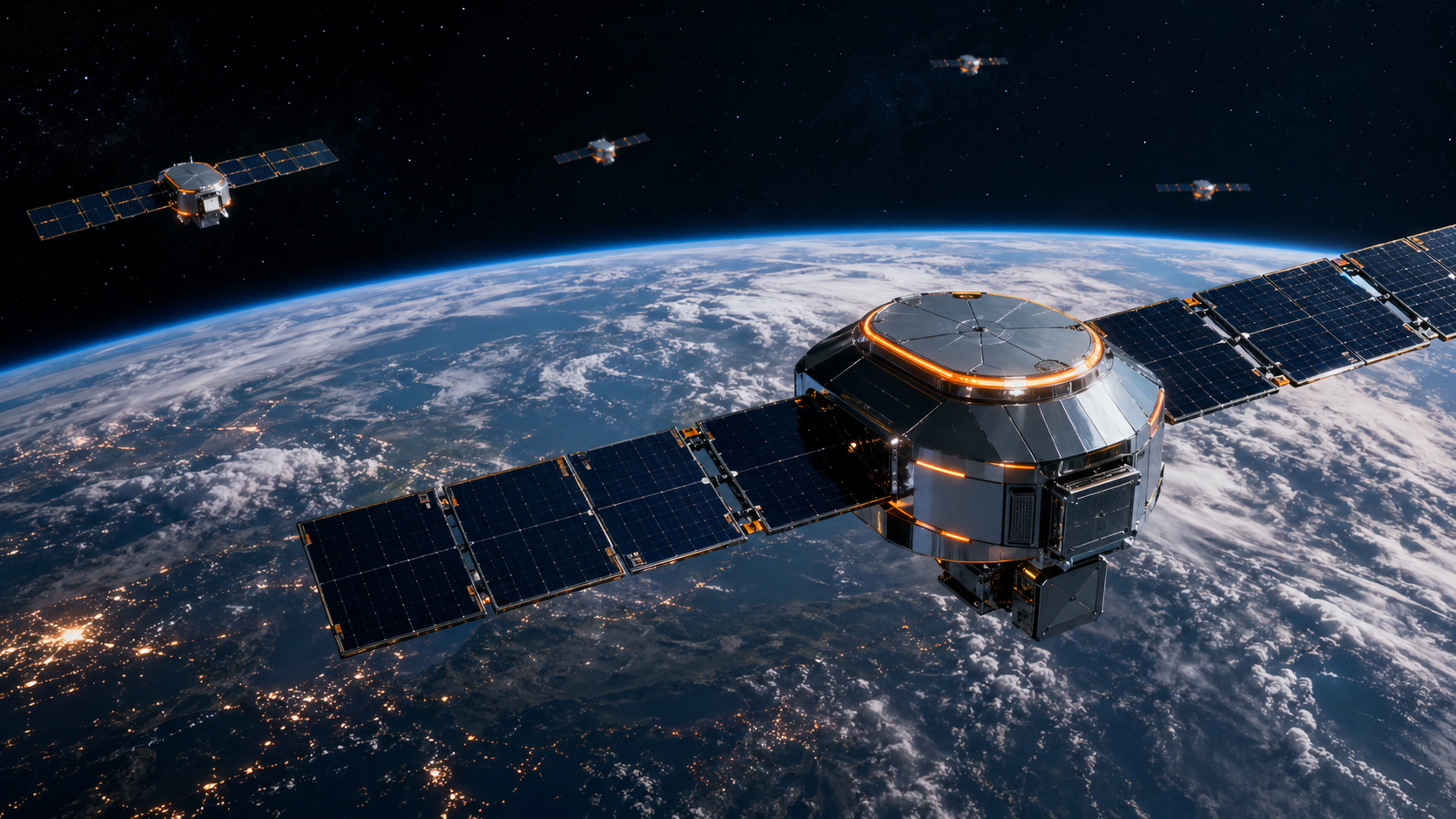 Constellation de satellites Amazon Leo en orbite basse au-dessus de la Terre, illustrant l’ambition d’Amazon dans l’internet spatial et la connectivité mondiale.