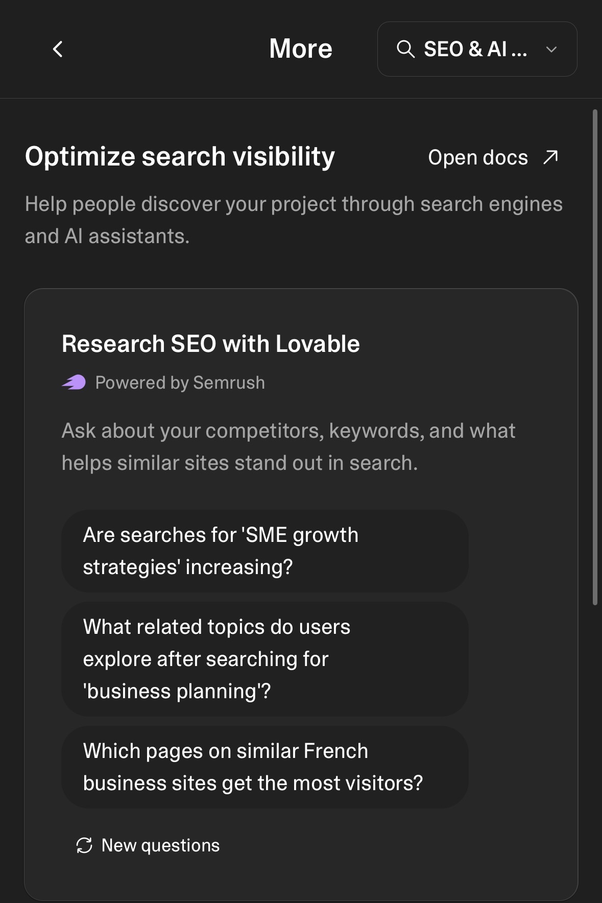 Lovable intègre nativement Semrush et augmente la simplicité d’exécution du SEO sur les projets.