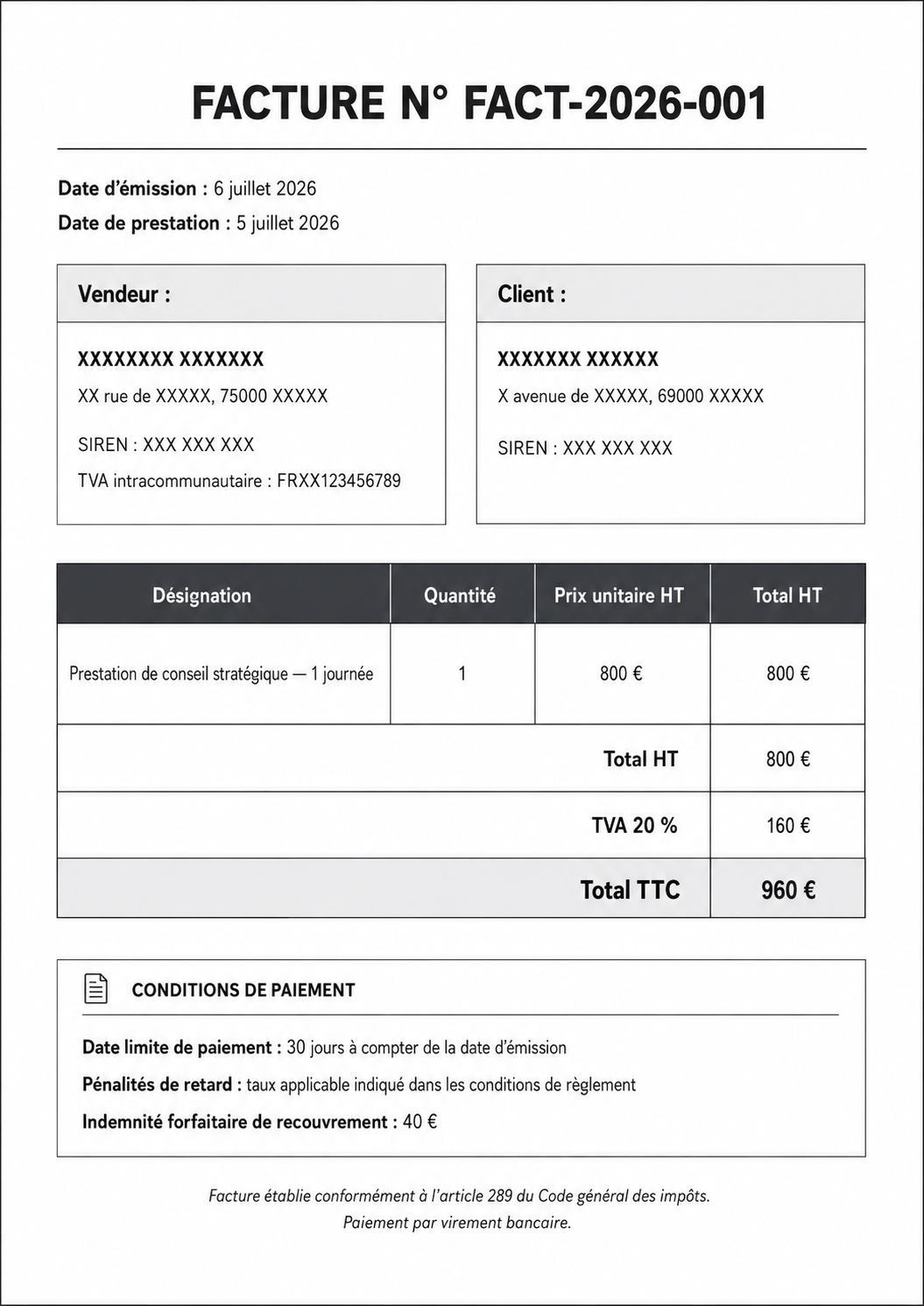 Exemple de facture professionnelle française au format A4, présentant les principales mentions obligatoires à faire figurer sur une facture : numéro de facture, dates d’émission et de prestation, informations du vendeur et du client, numéro SIREN, TVA intracommunautaire, désignation de la prestation, quantité, prix unitaire hors taxes, total HT, TVA, total TTC, date limite de paiement, pénalités de retard et indemnité forfaitaire de recouvrement.