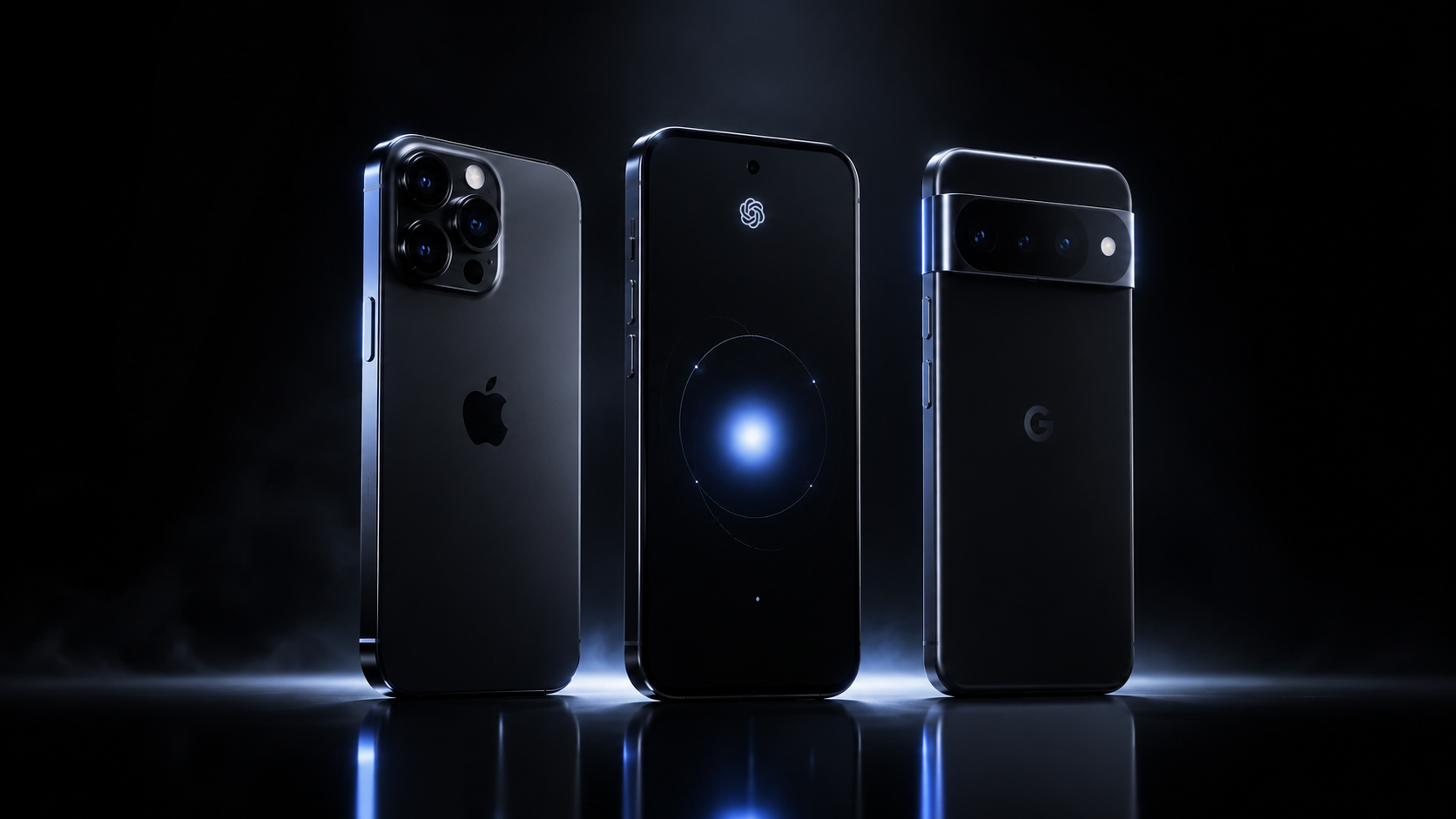Trois smartphones haut de gamme mis en scène sur fond noir dans une ambiance futuriste : OpenAI au centre, face à Apple et Google, illustrant l’affrontement stratégique entre un nouvel entrant de l’IA et les deux géants historiques du marché du smartphone.