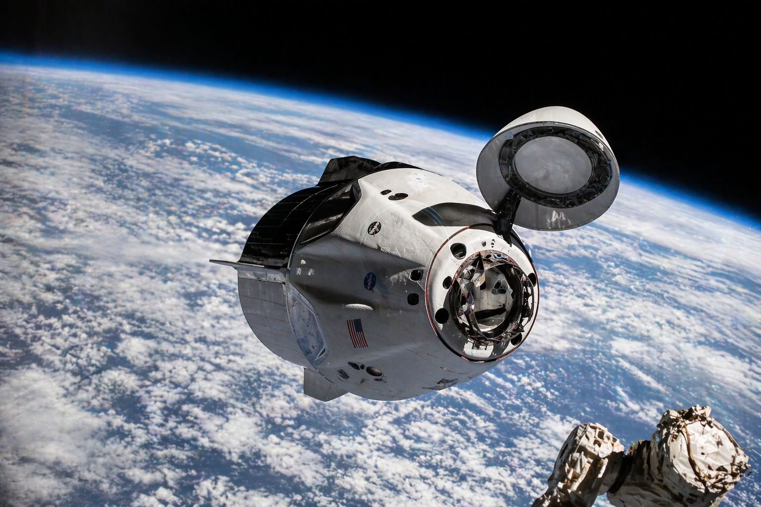 Capsule spatiale SpaceX en orbite terrestre, avec la courbure de la Terre en arrière-plan, illustrant les ambitions de l’entreprise dans l’exploration spatiale, le transport orbital et les nouvelles infrastructures de l’espace commercial.