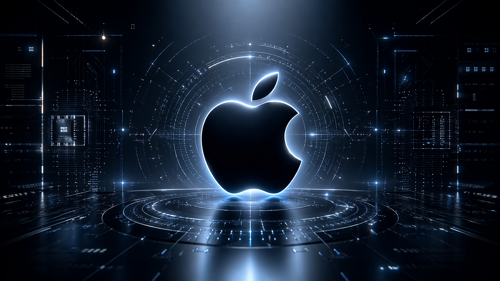 logo Apple au cœur d’un environnement futuriste, entre interfaces lumineuses, lignes numériques et architecture immersive. L’image illustre l’ADN d’Apple : une culture de l’innovation fondée sur le design, la puissance technologique et une vision premium de l’expérience utilisateur.