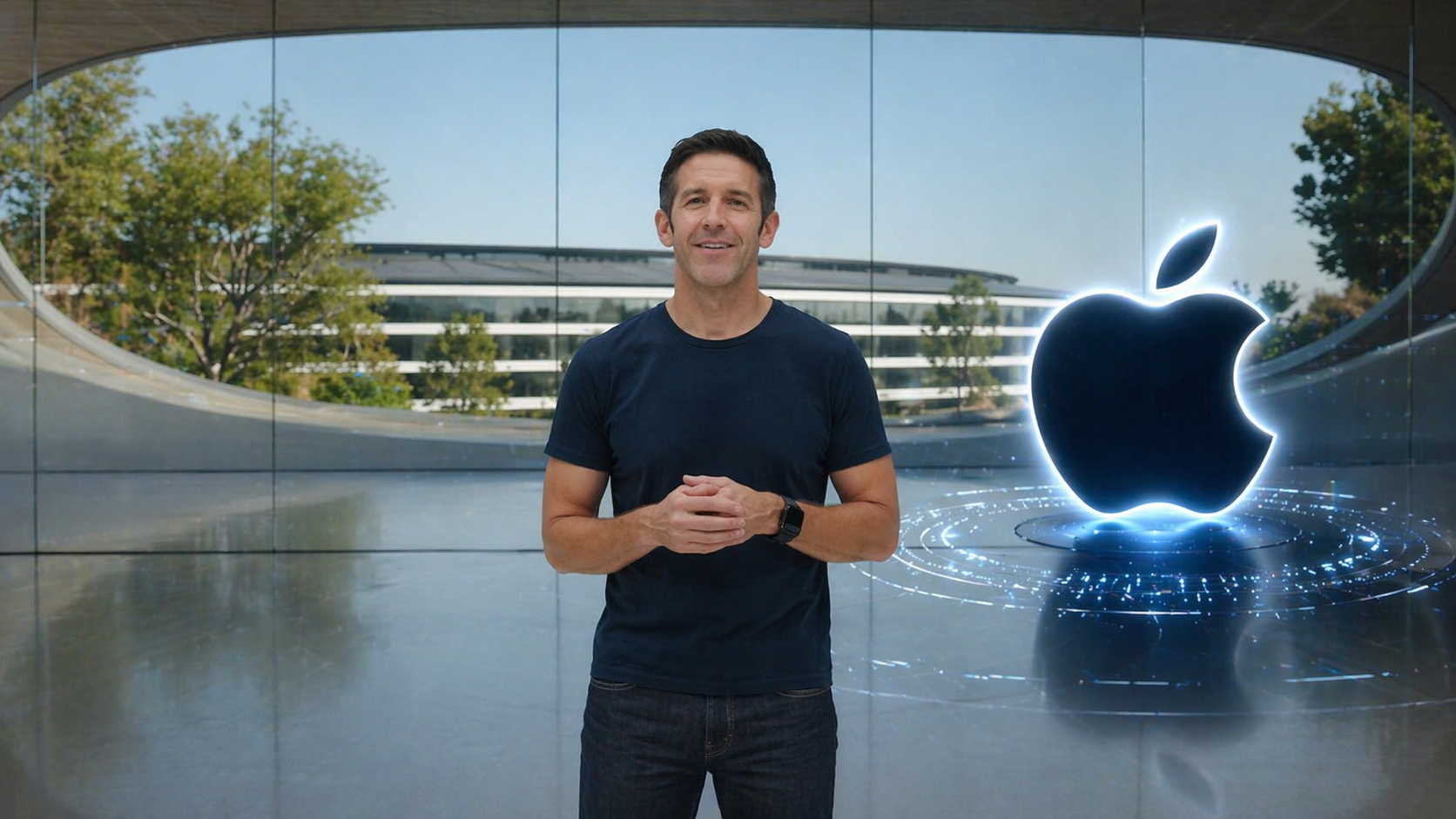 l’annonce de John Ternus comme futur CEO d’Apple après Tim Cook, dans un décor inspiré d’Apple Park et de la culture d’innovation du groupe.