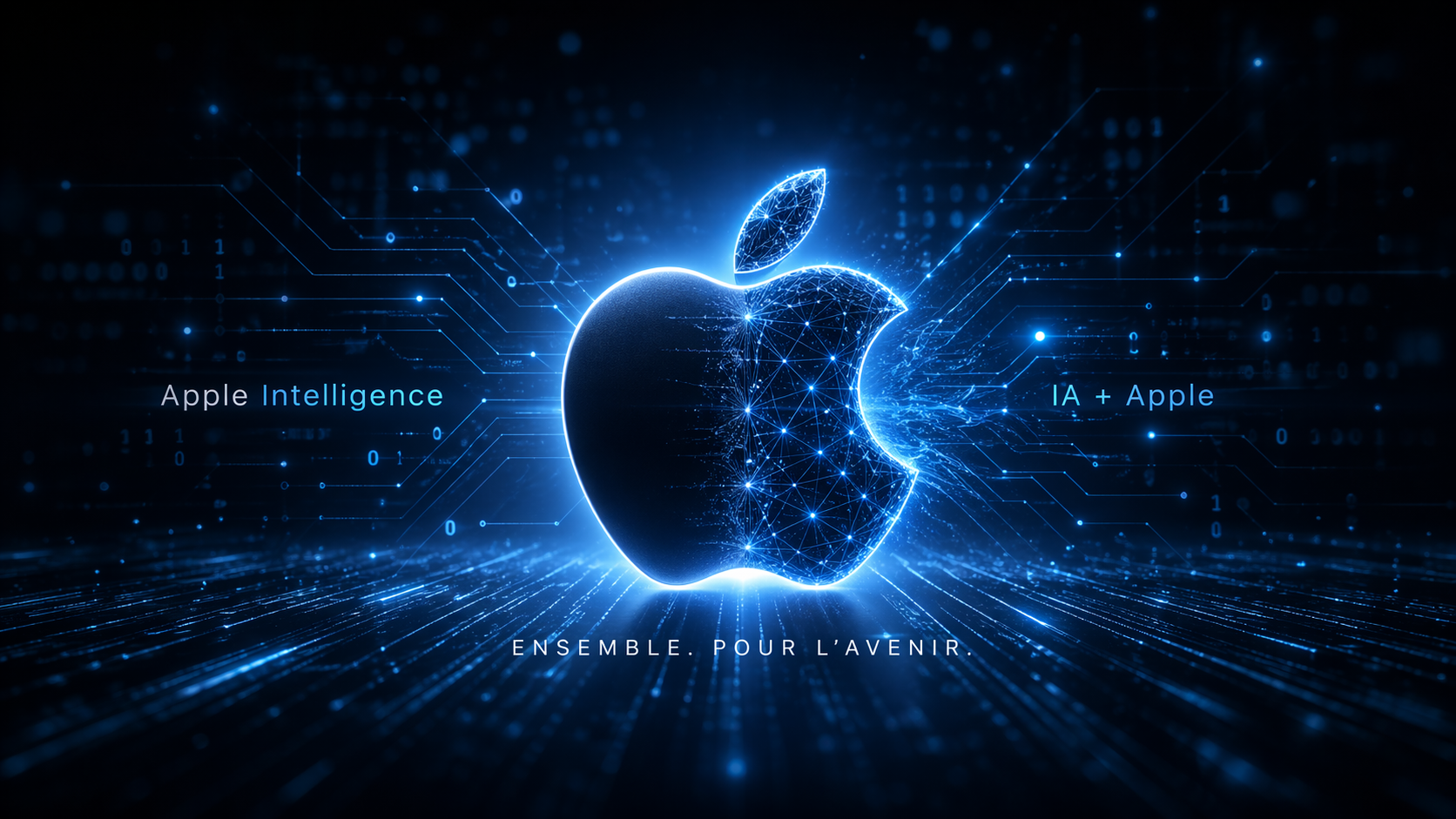 logo Apple fusionné avec des codes visuels de l’intelligence artificielle, dans un univers bleuté fait de circuits, de flux numériques et d’effets lumineux. L’image symbolise l’intégration croissante de l’IA dans la stratégie d’Apple, entre puissance logicielle, design premium et nouvelle génération d’usages.