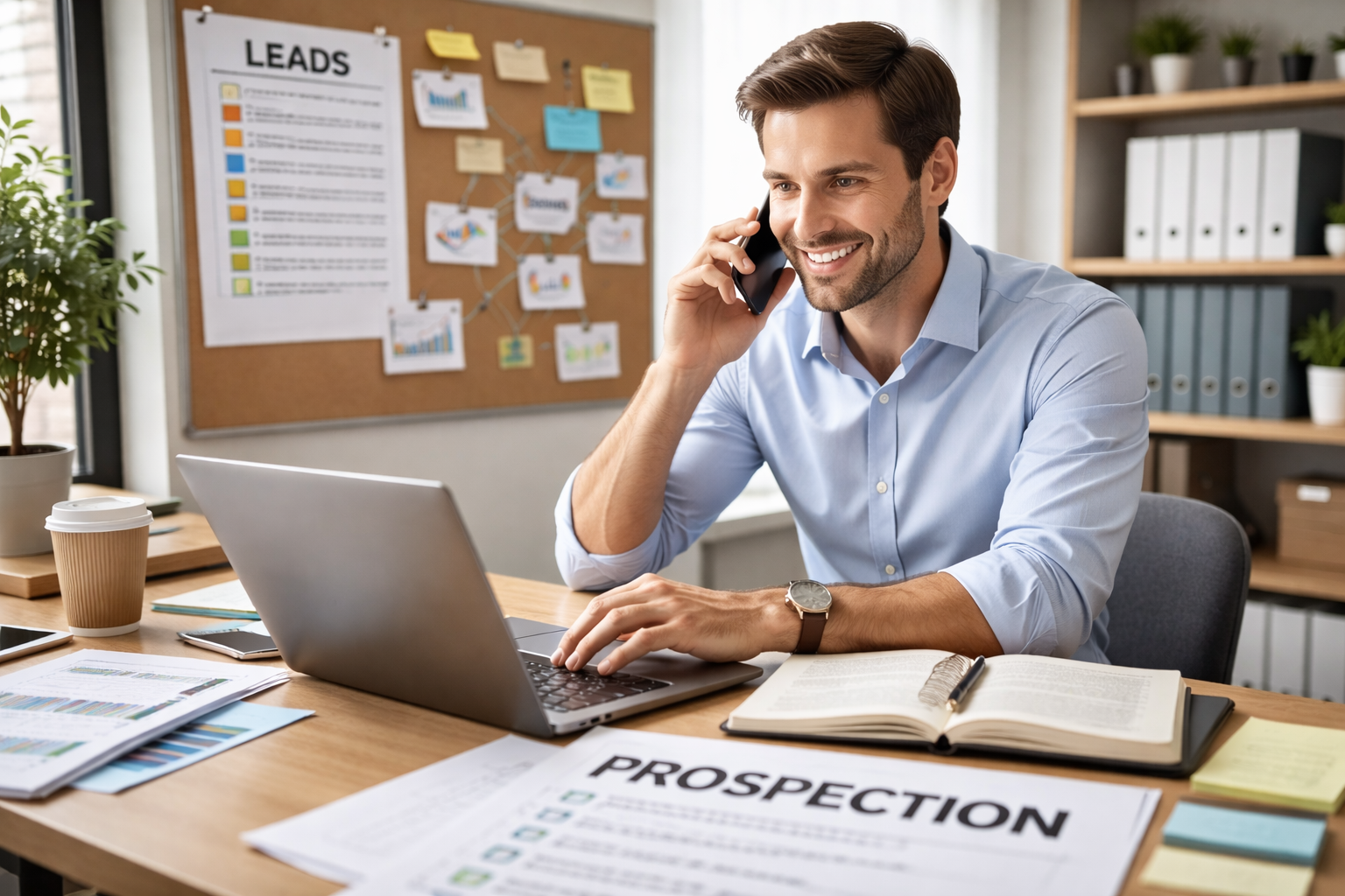 Entrepreneur en phase de prospection commerciale dans un bureau sobre et structuré, entre appels, suivi de leads et organisation des premiers rendez-vous clients.