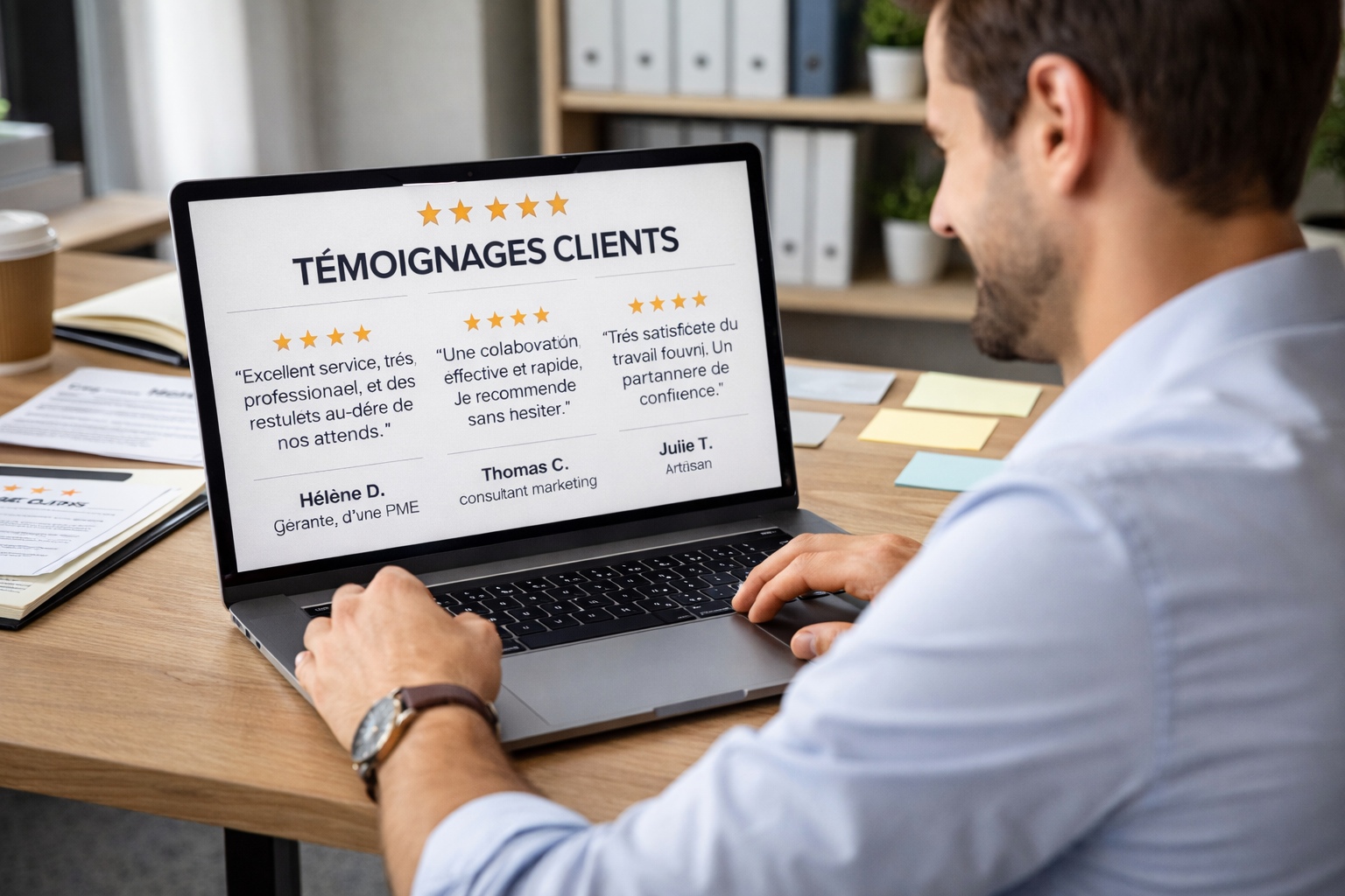 Entrepreneur consultant des avis clients sur son ordinateur portable, illustrant le rôle des témoignages dans la crédibilité, la réassurance et le développement commercial d’une jeune activité.