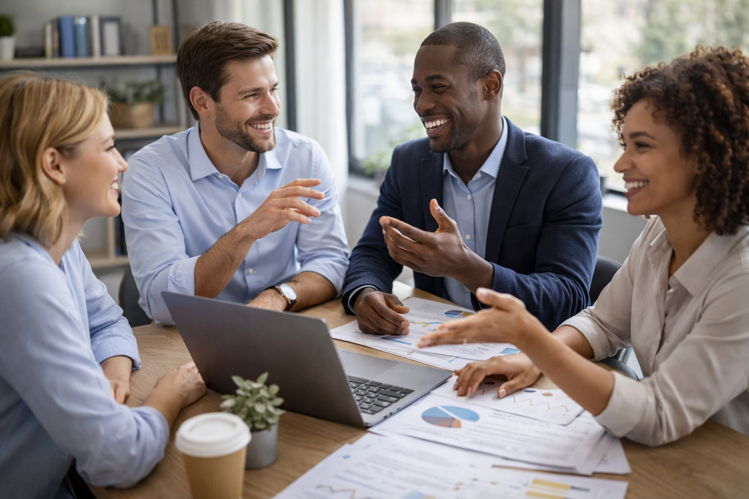 Entrepreneurs réunis autour d’un échange de travail, illustrant la création d’un réseau professionnel fondé sur la collaboration, les recommandations et le développement d’opportunités communes.