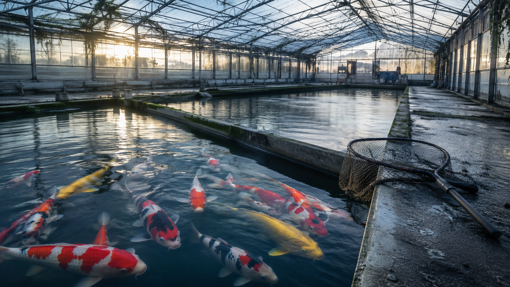     Carpes koï dans un bassin d’élevage professionnel, illustration du vol survenu dans l’Oise.