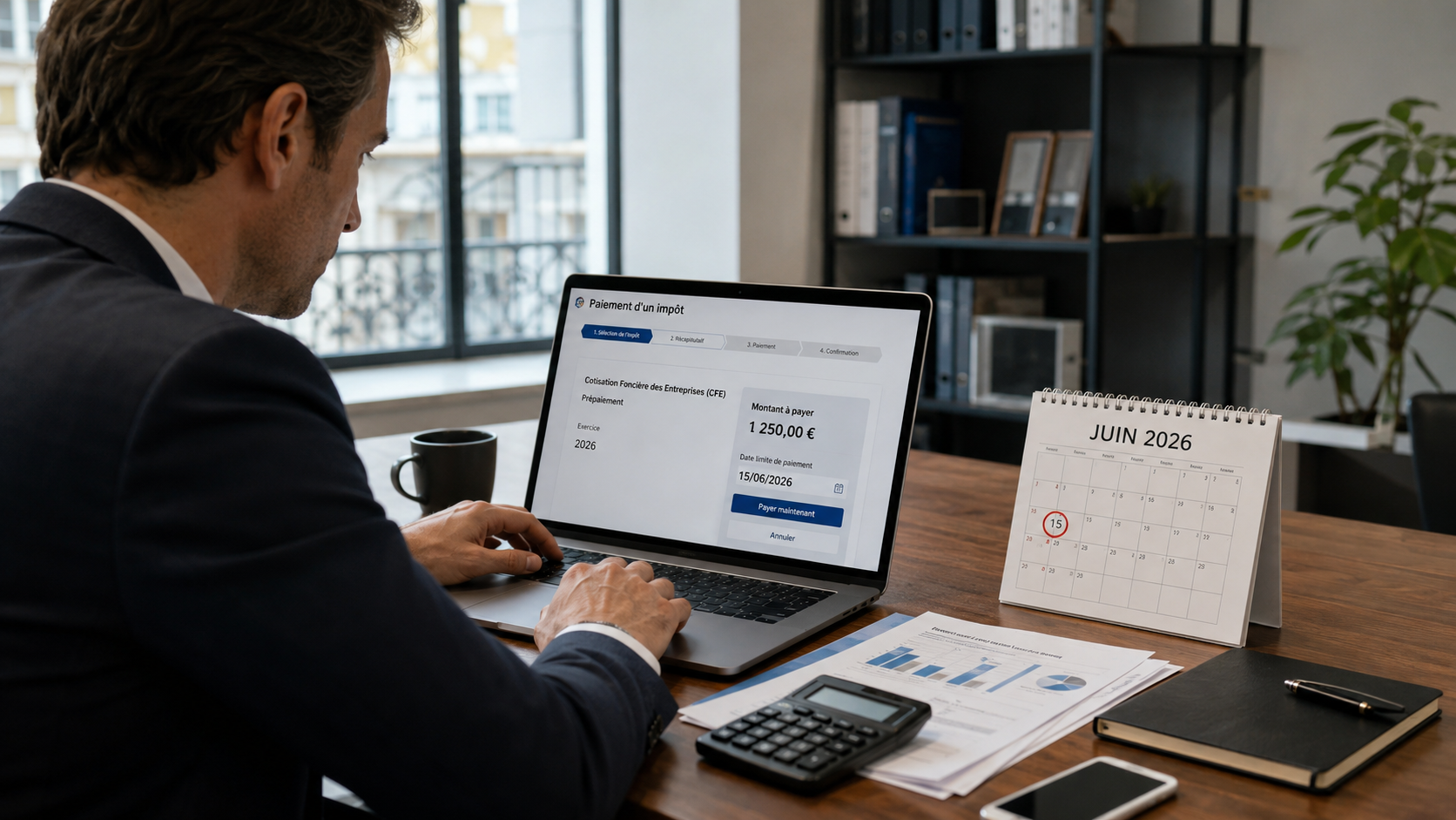 Dirigeant consultant sur son ordinateur l’avis de paiement de l’acompte de CFE 2026, avec l’échéance du 15 juin indiquée sur un calendrier.