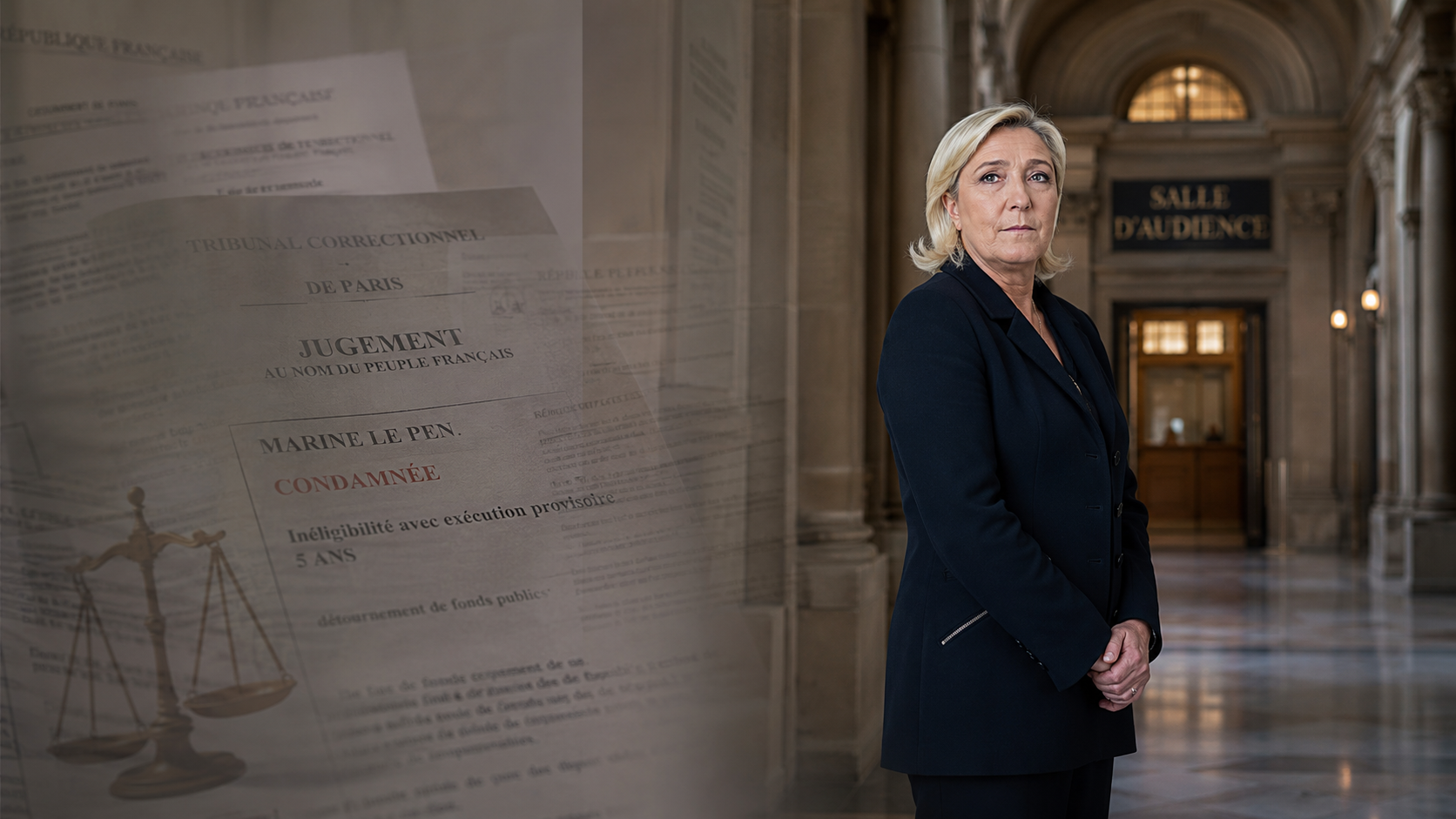 Illustration éditoriale réaliste représentant Marine Le Pen debout dans un couloir de tribunal, avec en arrière-plan une salle d’audience, des documents de jugement, une balance de justice et des références à une condamnation judiciaire, dans un style presse neutre et institutionnel.