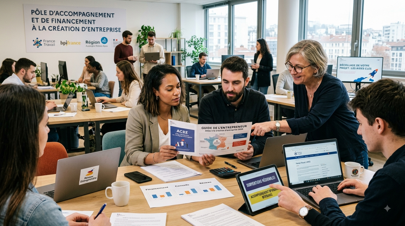 Une photographie réaliste de style reportage montre un groupe d'entrepreneurs diversifiés réunis autour d'une table en bois dans un bureau ouvert. Une femme d'âge mûr avec des lunettes sourit en montrant du doigt une brochure intitulée « GUIDE DE L'ENTREPRENEUR - Aides à la création d'entreprise » tenue par une jeune femme. Sur l'écran d'une tablette à côté d'elles, on lit « SUBVENTIONS RÉGIONALES ». Plusieurs ordinateurs portables, dont un affichant un site Web de la Bpifrance, sont ouverts. En arrière-plan, d'autres personnes travaillent dans l'espace de coworking, et un grand panneau mural porte l'inscription « PÔLE D'ACCOMPAGNEMENT ET DE FINANCEMENT À LA CRÉATION D'ENTREPRISE » avec les logos de France Travail, Bpifrance et Région Auvergne-Rhône-Alpes. L'image est en format 16:9 avec une lumière naturelle.