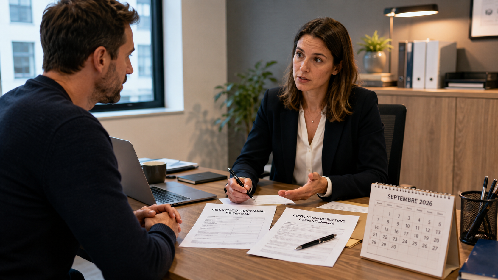Responsable RH et salarié échangent dans un bureau autour de documents liés à un arrêt de travail et à une rupture conventionnelle, avec un calendrier indiquant septembre 2026.