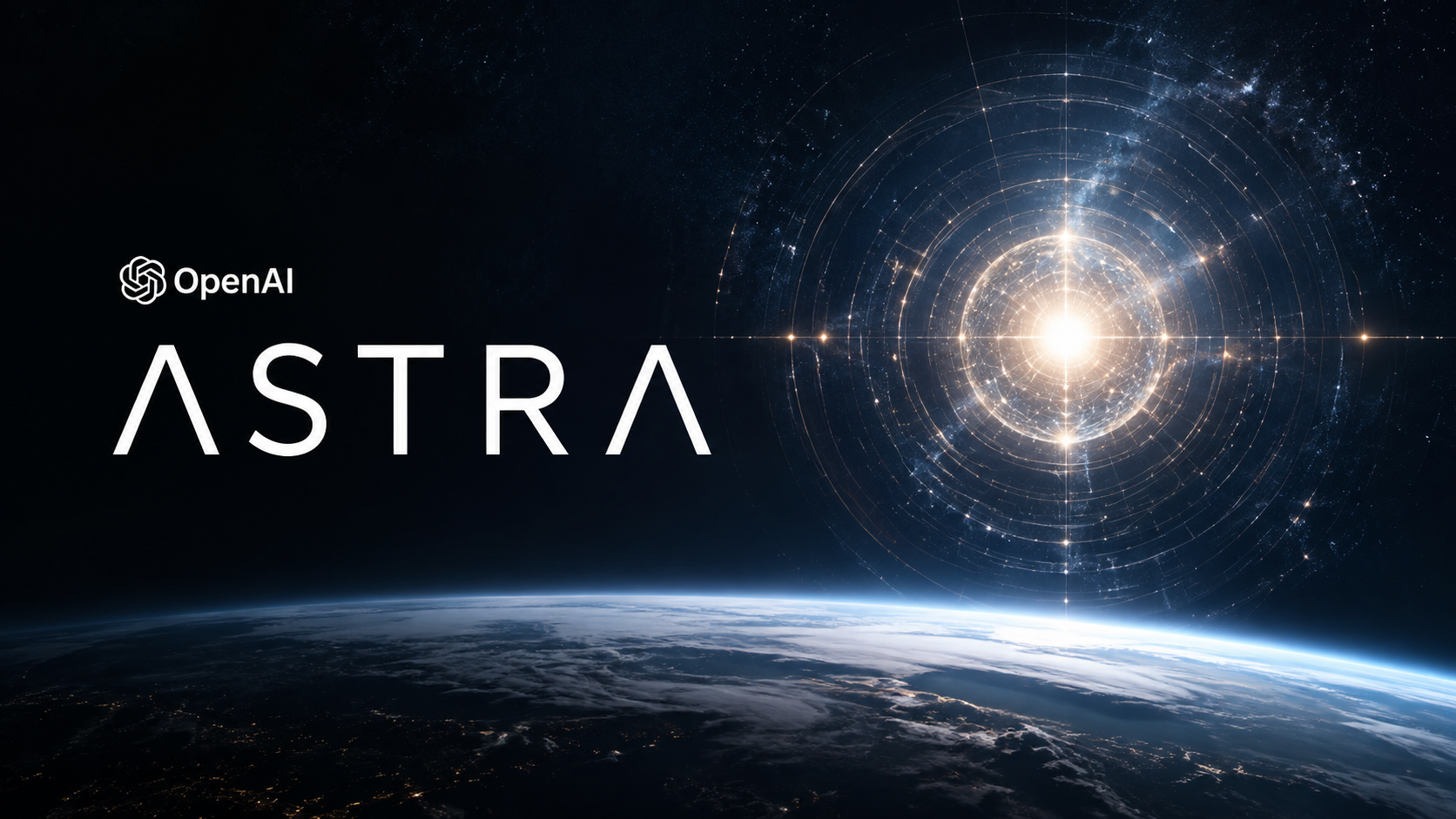 Astra d’OpenAI représenté par un noyau lumineux et des orbites numériques au-dessus de la Terre.
