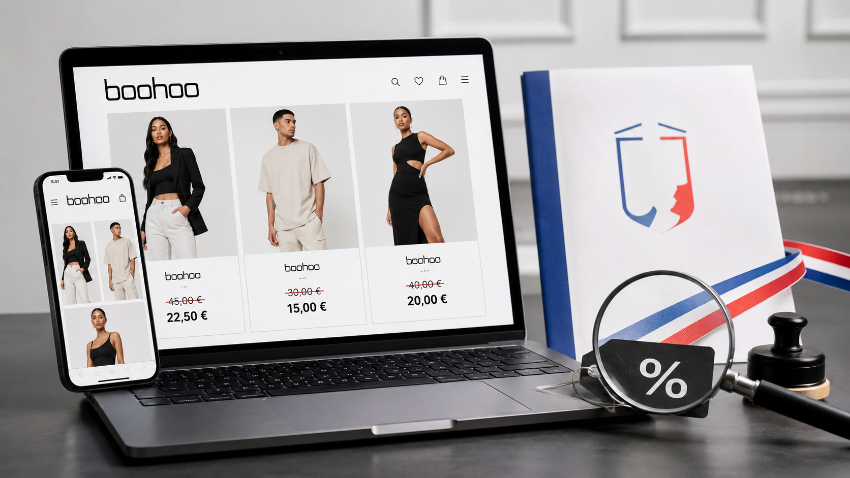 Illustration professionnelle d’un ordinateur portable et d’un smartphone affichant une interface de vente Boohoo avec des articles de mode, des prix barrés et des promotions, accompagnés d’une loupe, d’une étiquette de réduction et d’éléments aux couleurs françaises pour représenter l’amende infligée à Boohoo en France par la DGCCRF pour pratiques commerciales trompeuses et fausses promotions dans la fast fashion.