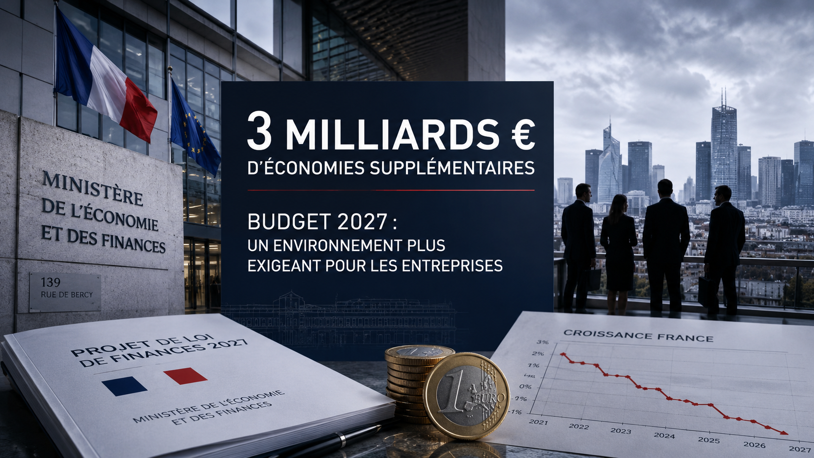 Visuel éditorial montrant le ministère de l’Économie et des Finances, un panneau indiquant 3 milliards d’euros d’économies supplémentaires, des documents du budget 2027, des pièces en euros et une courbe de croissance française en baisse, symbolisant la rigueur budgétaire à venir pour les entreprises.