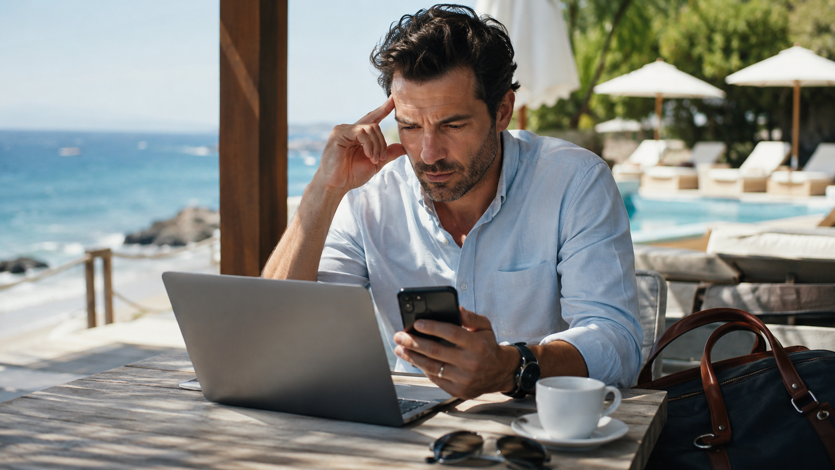 Cadre consultant son smartphone et son ordinateur portable pendant ses vacances au bord de la mer, illustrant l’hyperconnexion professionnelle.