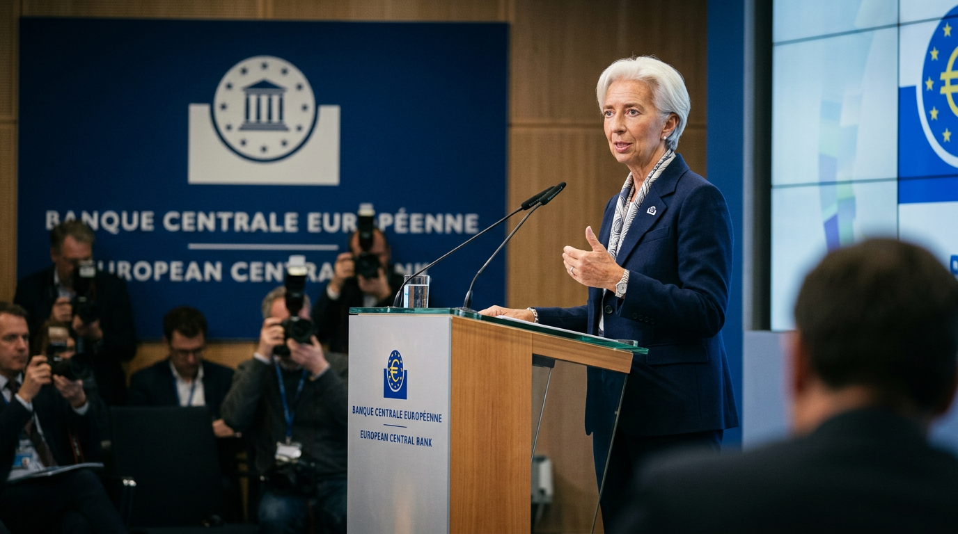 Christine Lagarde à la BCE confirme son mandat jusqu'en 2027 lors d'un discours à Francfort.