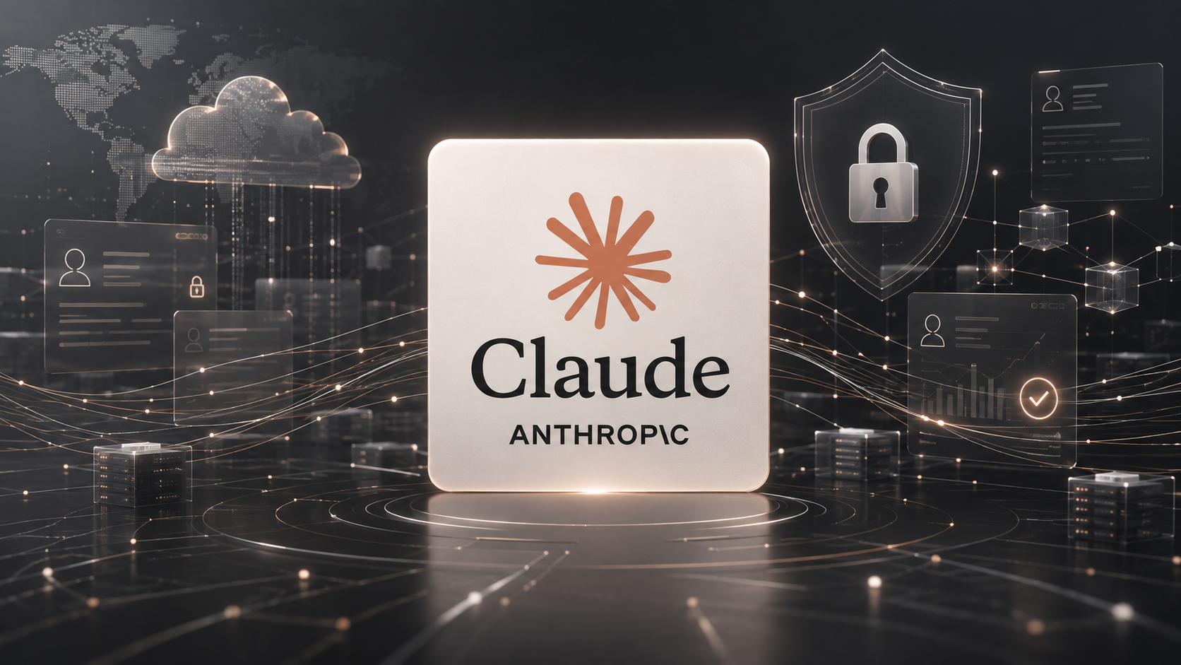 Illustration éditoriale représentant Claude d’Anthropic au centre d’un environnement numérique sécurisé, entouré de flux de données utilisateurs, d’interfaces cloud, de serveurs, de profils numériques, de cadenas et de symboles de cybersécurité, pour illustrer l’évolution de la politique de conservation des données des entreprises utilisant Claude.