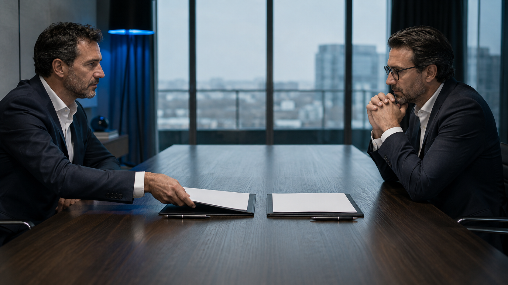     Deux associés face à face autour d’une offre de cession de titres.