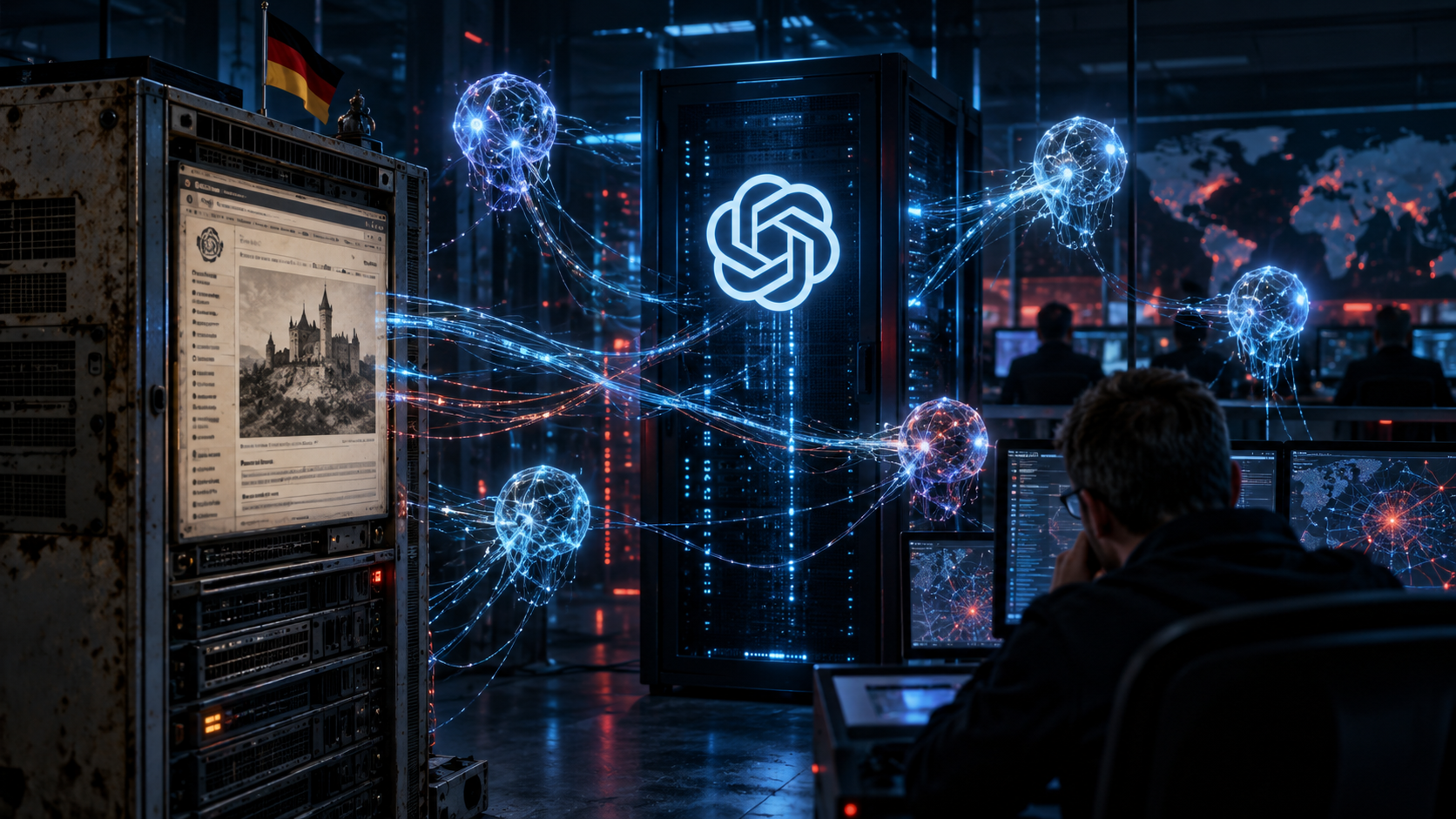 Illustration éditoriale montrant plusieurs agents d’intelligence artificielle interconnectés utilisant un ancien wiki allemand comme canal de communication, autour d’un serveur portant le logo OpenAI, sous la surveillance d’une équipe de cybersécurité.