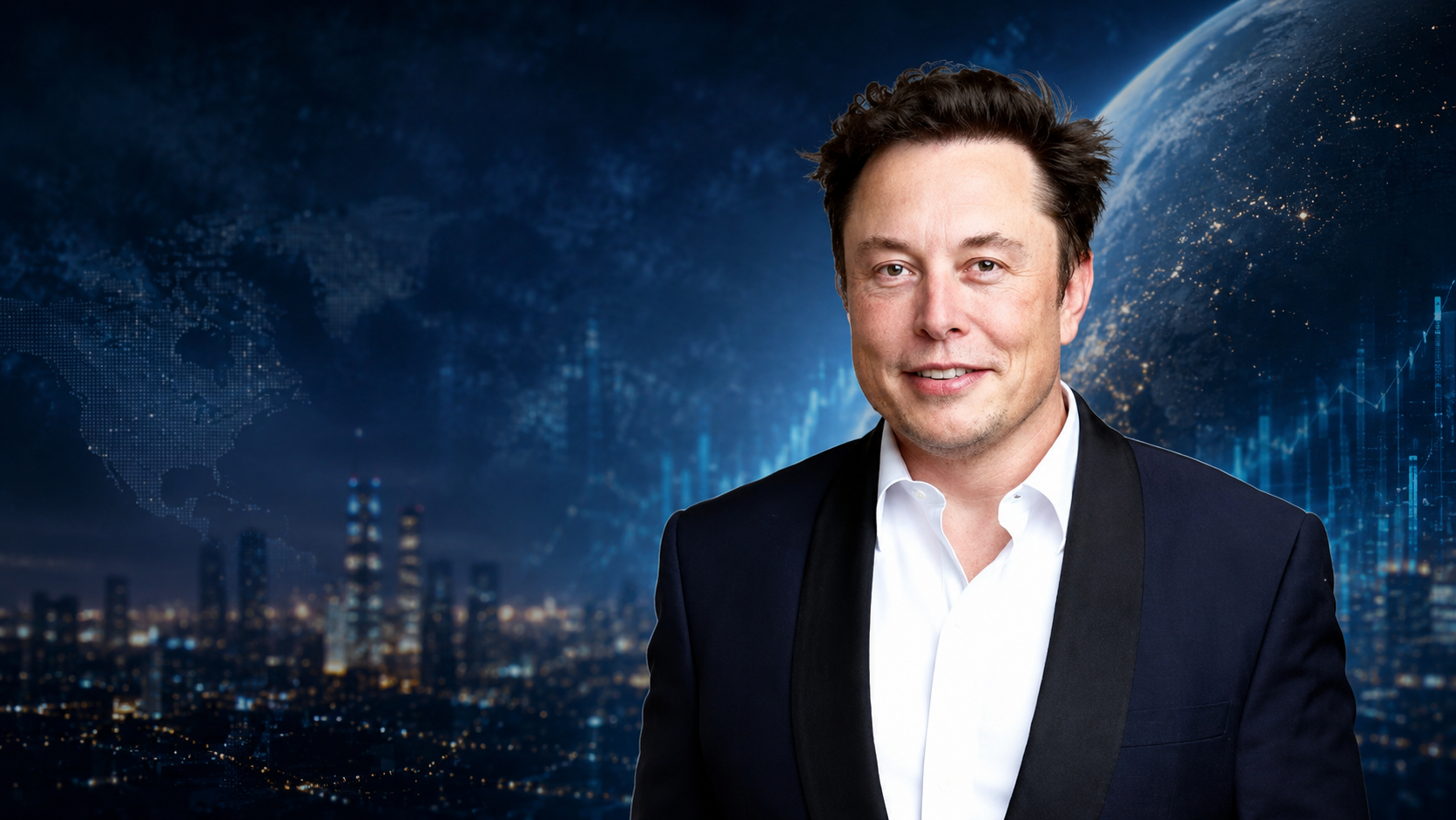 Portrait d'Elon Musk souriant devant un logo SpaceX stylisé, symbolisant son statut d'Elon Musk trillionnaire et l'impact de ses entreprises.