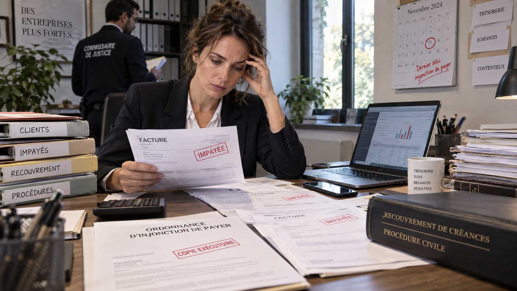 Dirigeante d’entreprise examinant une facture impayée et une ordonnance d’injonction de payer dans un bureau, illustration du nouveau délai de trois mois applicable au recouvrement des créances depuis septembre 2026.