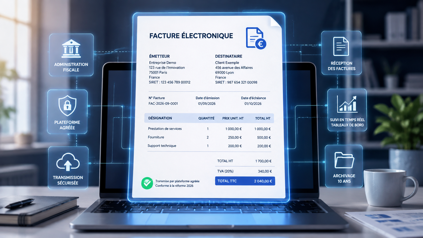 Facture électronique affichée au centre d’un ordinateur portable avec transmission sécurisée, plateforme agréée, réception des factures et suivi numérique, illustrant l’entrée en vigueur de la réforme et l’absence de sanctions annoncée par Bercy en 2026.