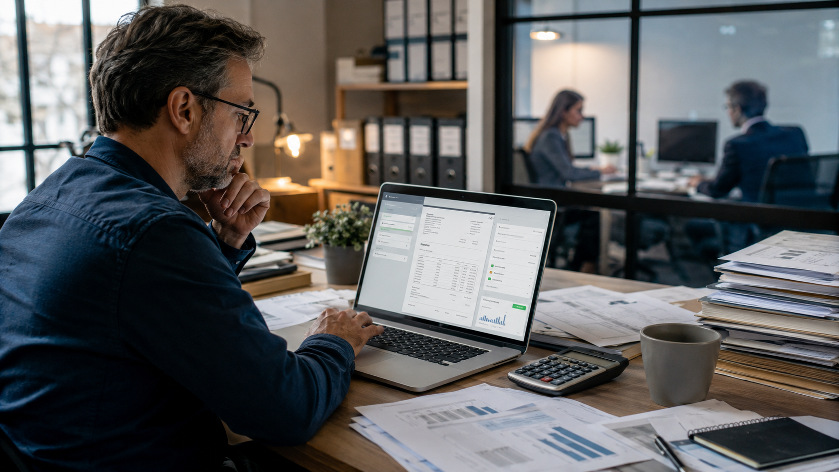 Dirigeant de PME consultant une facture électronique sur ordinateur, illustrant la dématérialisation des factures, le suivi des paiements, les délais de règlement, le BFR et les enjeux de trésorerie des entreprises en 2026.