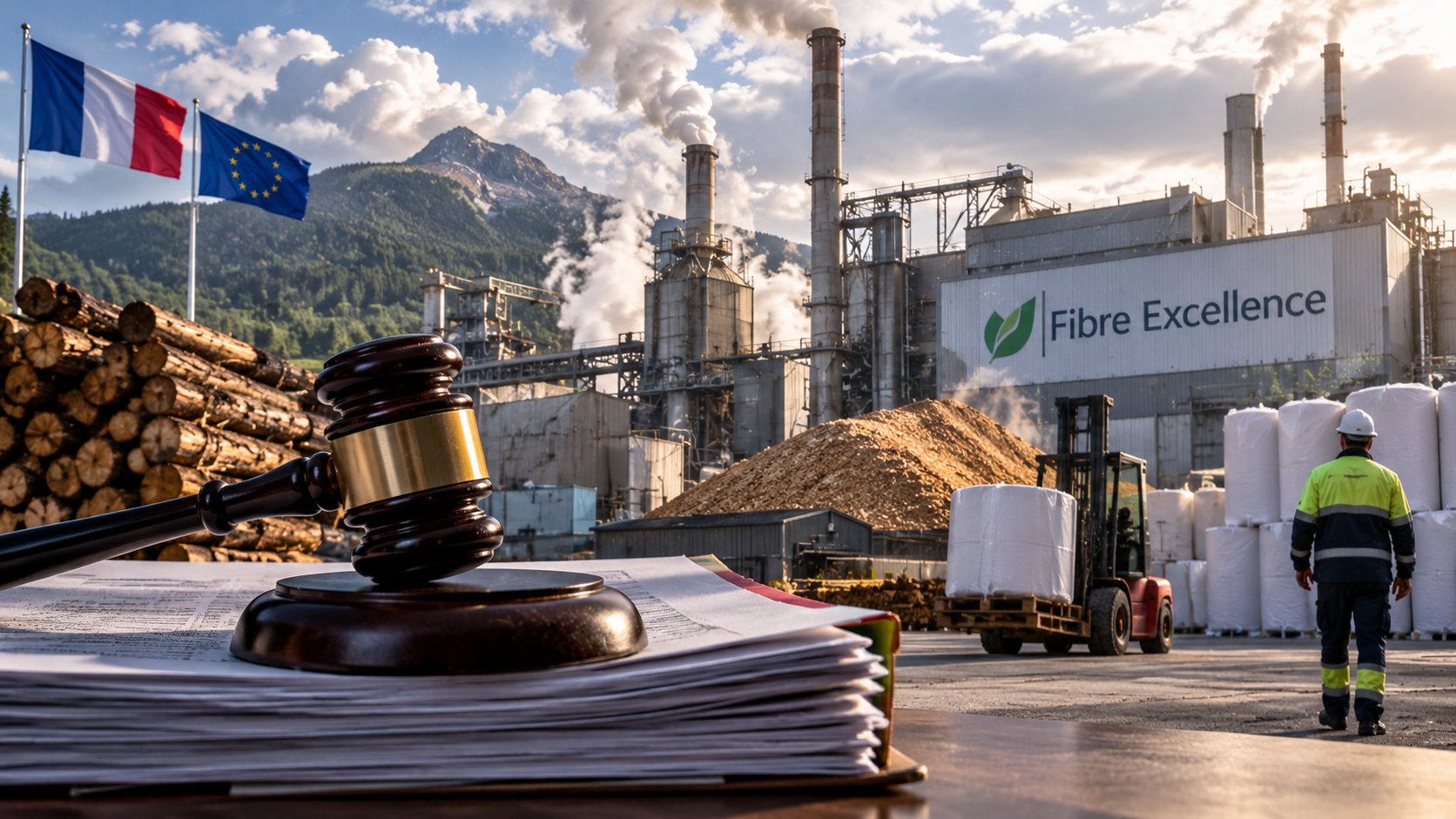 Usine Fibre Excellence de Saint-Gaudens représentant l’industrie française de la pâte à papier, avec bois, production industrielle et salarié sur le site, tandis qu’un marteau de juge et des documents au premier plan symbolisent la procédure judiciaire et la décision sur l’avenir de l’usine.