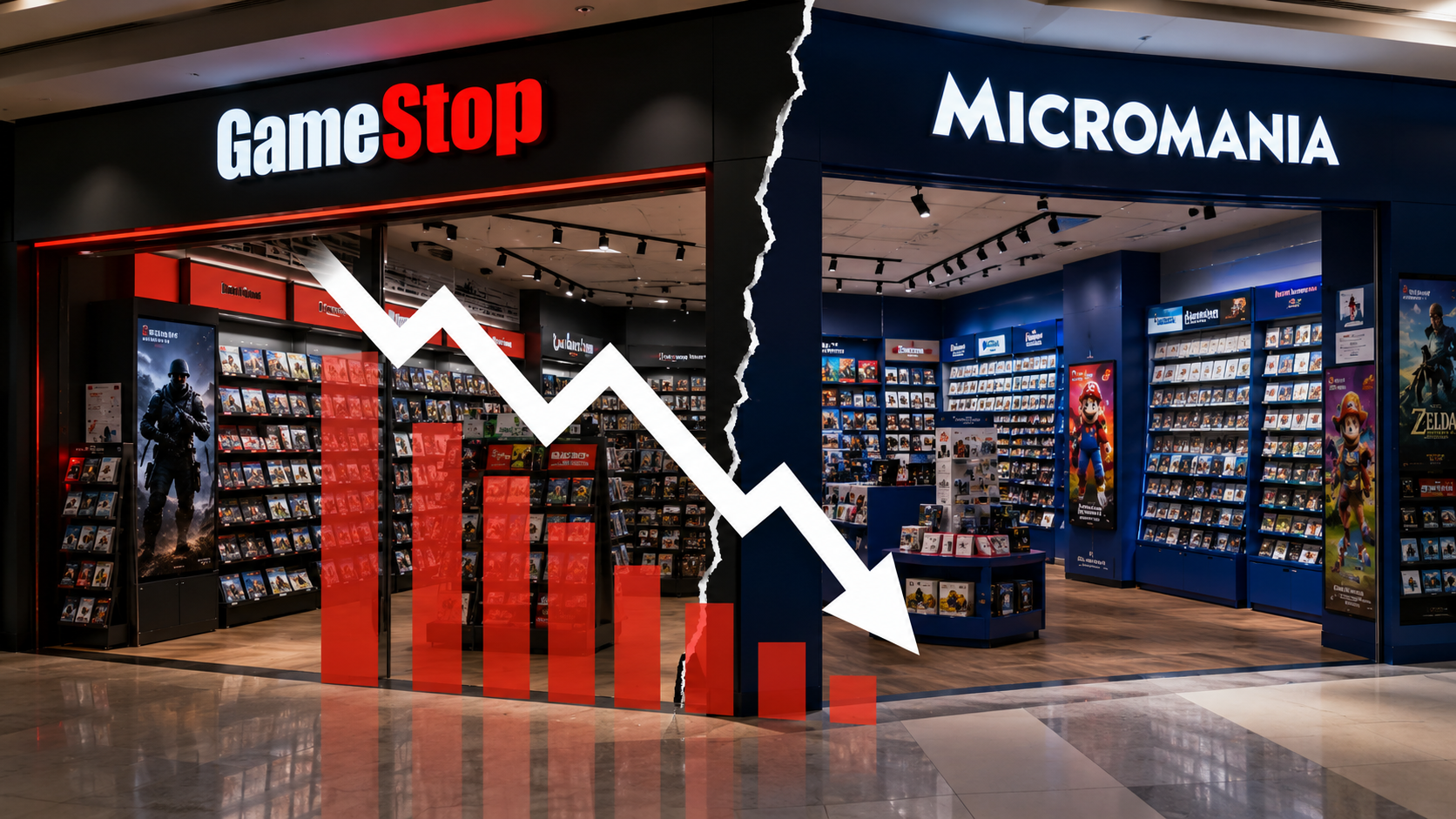 Boutiques GameStop et Micromania représentées côte à côte avec une courbe descendante illustrant la baisse des ventes attendue par GameStop après notamment la cession de ses activités françaises.