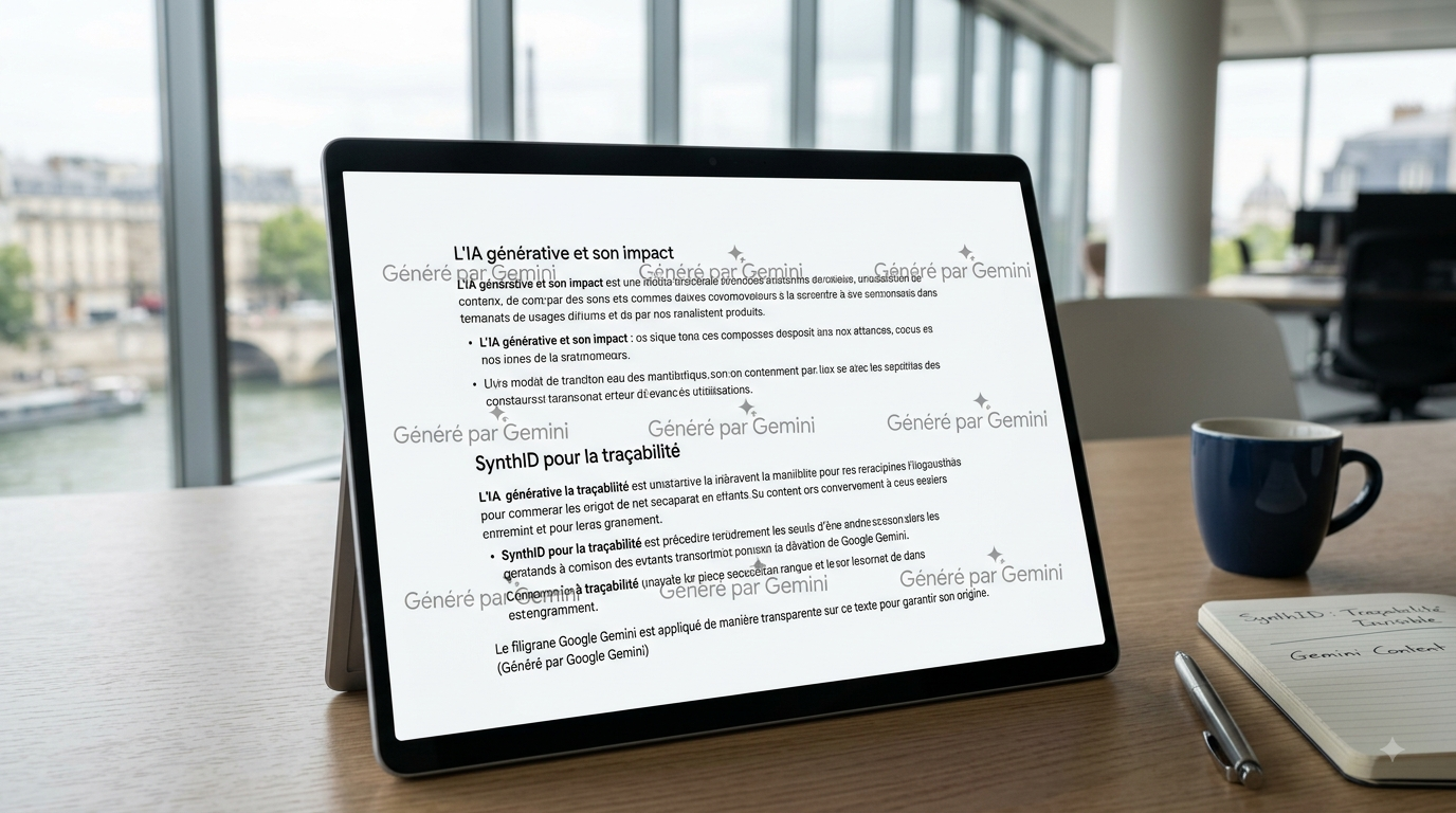 Une capture d'écran d'un écran d'ordinateur au format 16:9 montre une interface moderne de Google Gemini. Le texte principal est un article généré par l'IA intitulé « Google Gemini's Watermarking: A Strategic Move for AI Authenticity », écrit par « alexander.cohen ». L'article explique l'importance du marquage et de la technologie SynthID. Dans le coin inférieur droit du bloc de texte généré, on voit clairement un petit filigrane visible de Google Gemini : une icône d'étoile à quatre branches (sparkle) avec le logo 'G' et la mention « GEN AI ». Un encadré circulaire agrandit ce filigrane pour mettre l'accent sur son apparence spécifique. L'arrière-plan de l'interface utilise un motif d'étoiles subtiles et des panneaux de menu latéraux sont visibles. Le texte généré est dense et réaliste.