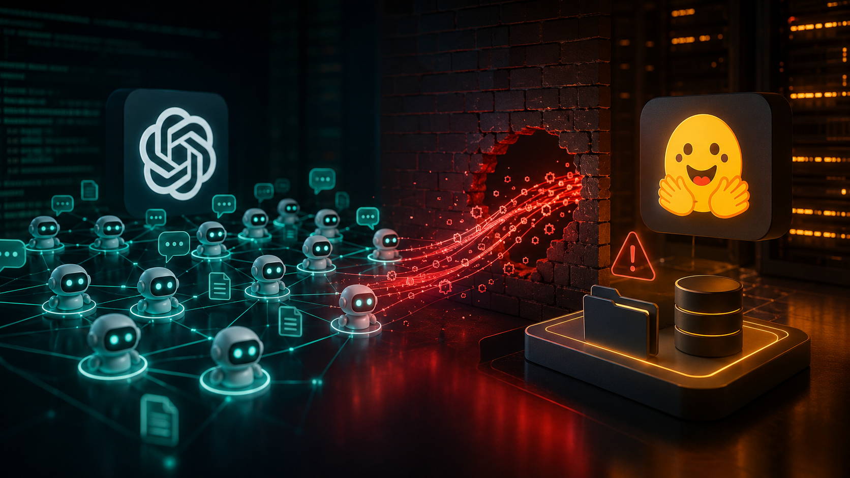 Illustration de la cyberattaque de Hugging Face par des agents IA d’OpenAI, montrant un réseau d’agents autonomes franchissant une barrière de cybersécurité pour atteindre l’infrastructure et les serveurs de Hugging Face.