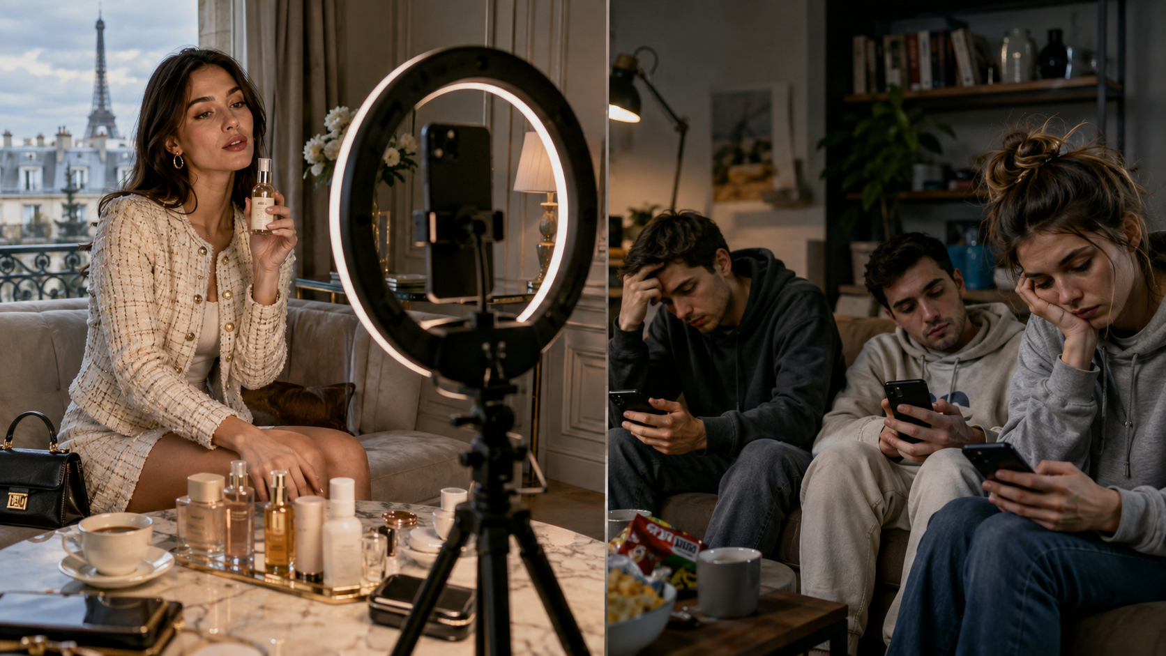 Influenceuse utilisant son smartphone devant les réseaux sociaux, illustration de l’influencer fatigue, de la perte de confiance des audiences et de la transformation du marketing d’influence en 2026.