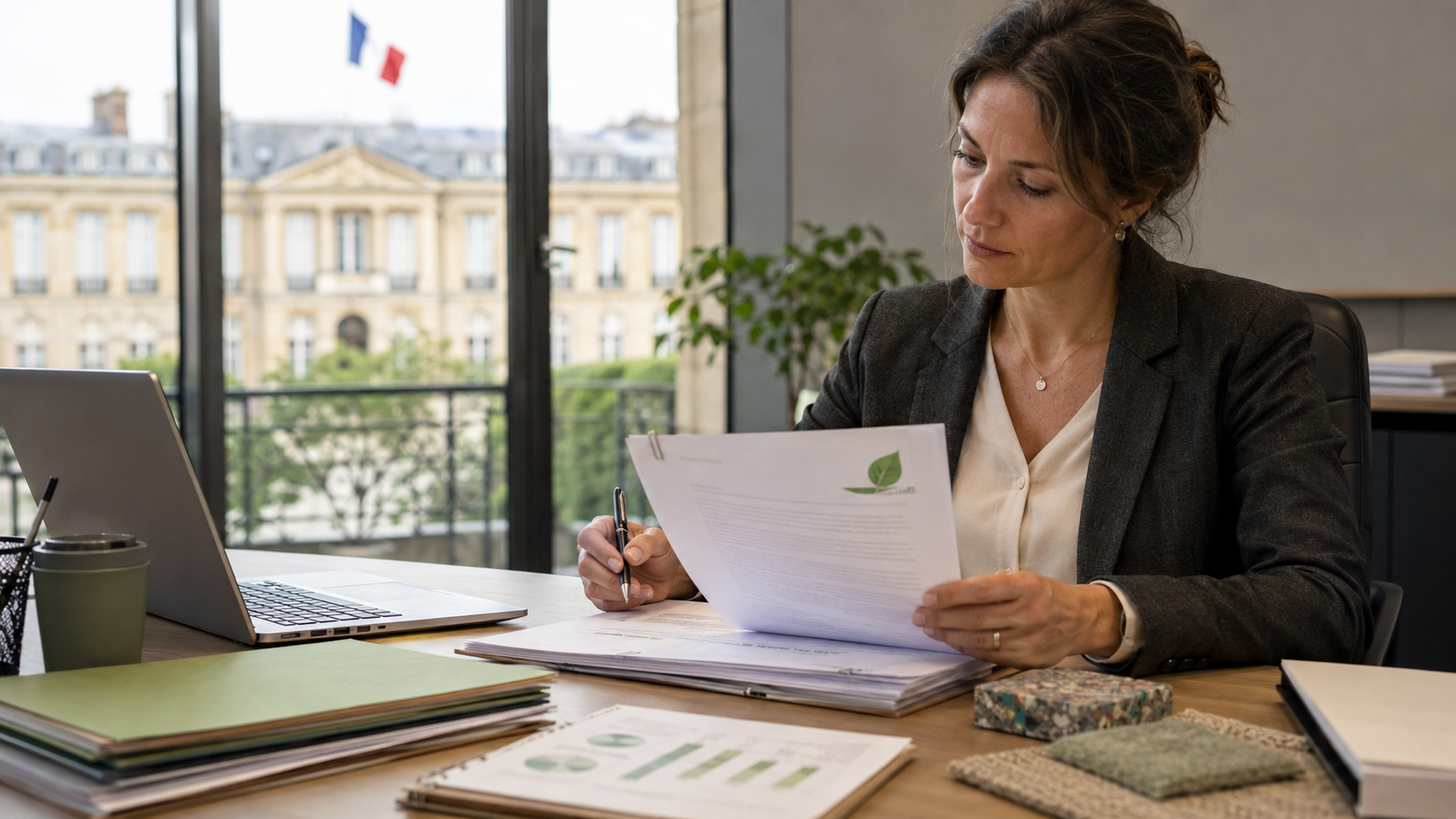 Dirigeante de PME examinant un dossier de marché public dans un bureau français, avec documents d’appel d’offres, critères environnementaux, éléments de reporting et échantillons de matériaux durables, illustrant les nouvelles obligations environnementales applicables aux marchés publics depuis le 21 août 2026.