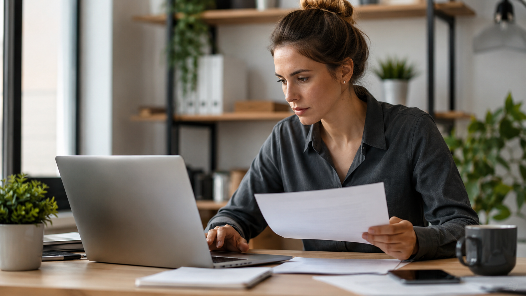Micro-entrepreneuse travaillant sur son ordinateur et consultant ses documents professionnels avant l’entrée en vigueur de la facturation électronique obligatoire au 1er septembre 2026 en France.