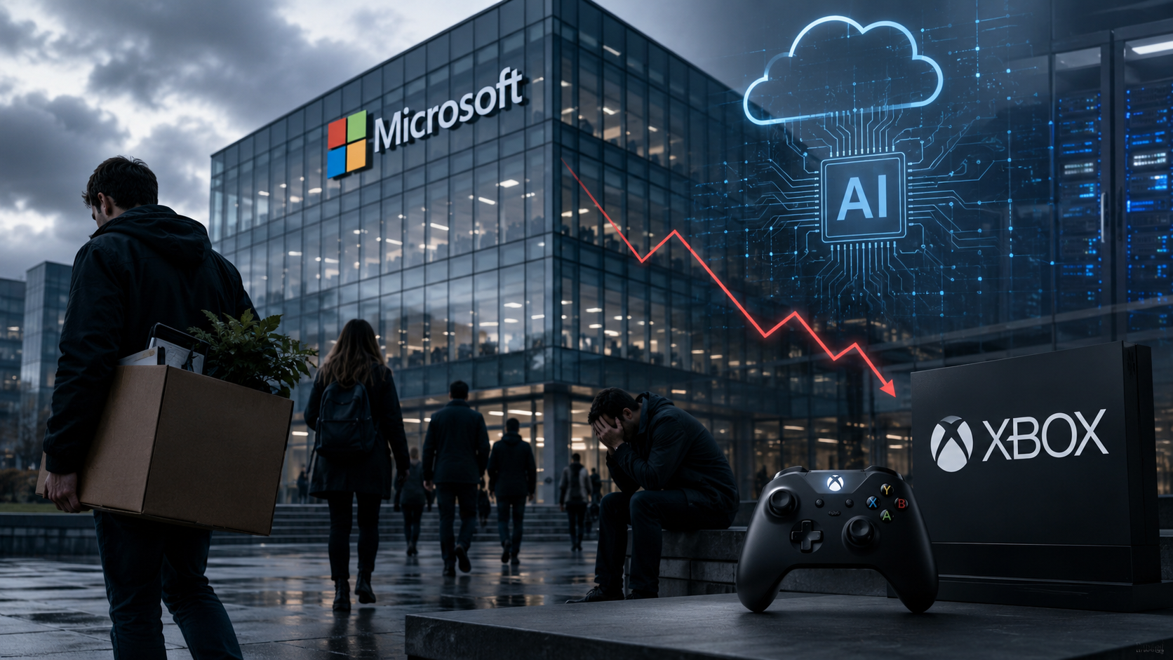 Image éditoriale montrant le siège de Microsoft, des salariés quittant les lieux, une référence à Xbox et des symboles d’intelligence artificielle, pour illustrer la restructuration du groupe et la pression sur l’emploi dans la tech.