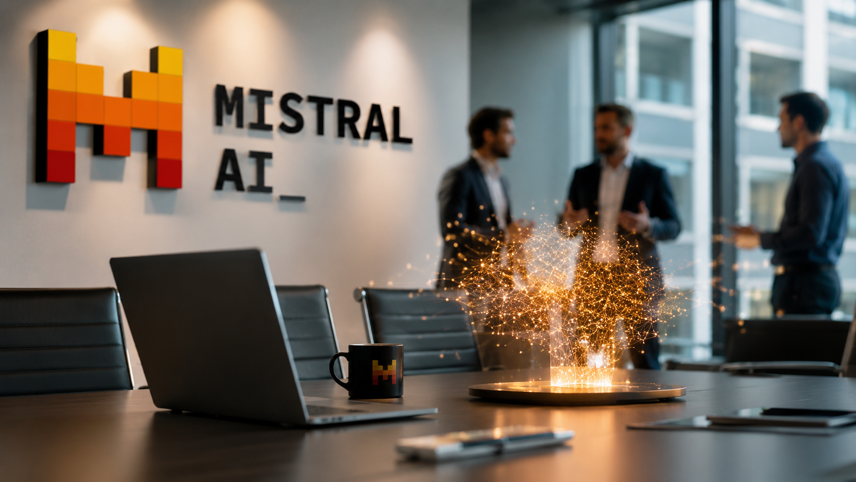 Logo de Mistral AI dans un environnement professionnel dédié à l’intelligence artificielle et aux infrastructures technologiques, illustrant la préparation d’une levée de fonds de 3 milliards d’euros avec Samsung, Nvidia et ASML parmi les investisseurs annoncés.