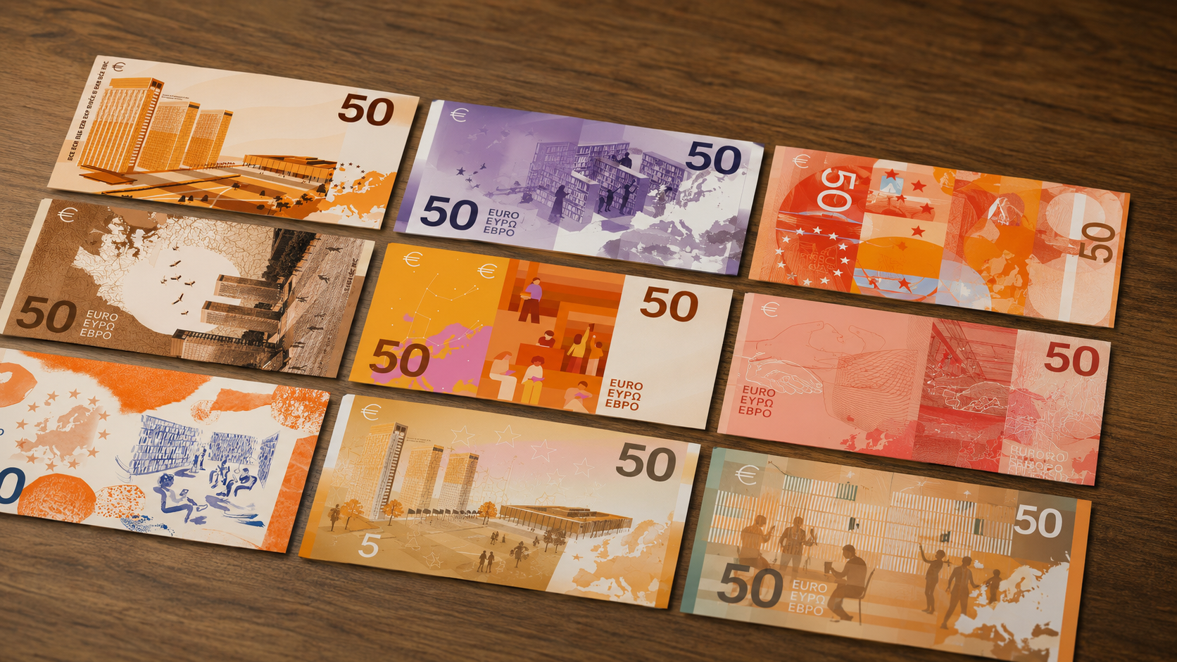 Les dix propositions de design des futurs billets de 50 euros de la Banque centrale européenne sont disposées en quinconce sur une table en bois, illustrant les deux thèmes finalistes : « Culture européenne » et « Fleuves et oiseaux ».