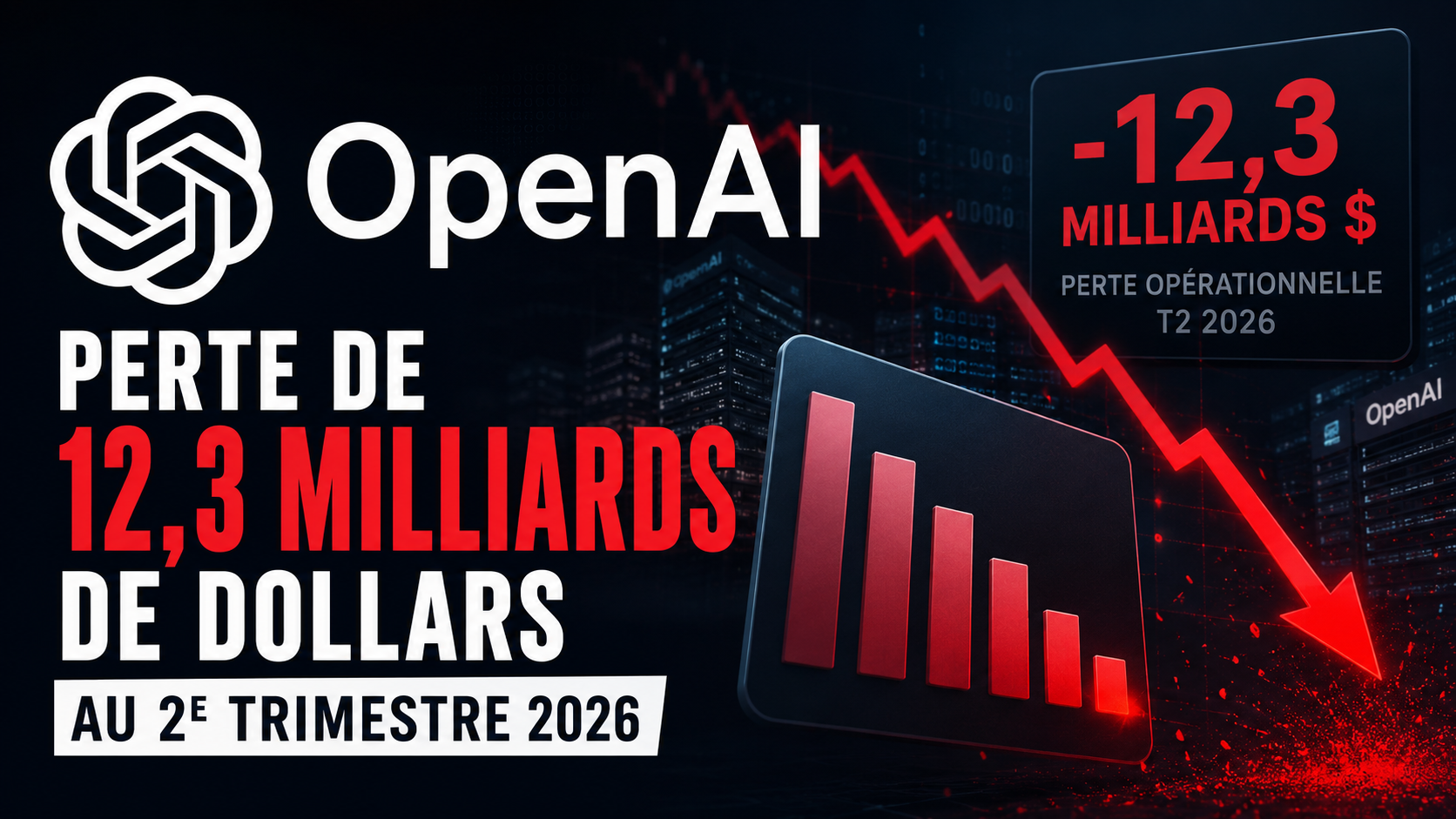 OpenAI affiche une perte opérationnelle de 12,3 milliards de dollars au deuxième trimestre 2026, illustrée par une courbe financière en forte baisse et le logo OpenAI.