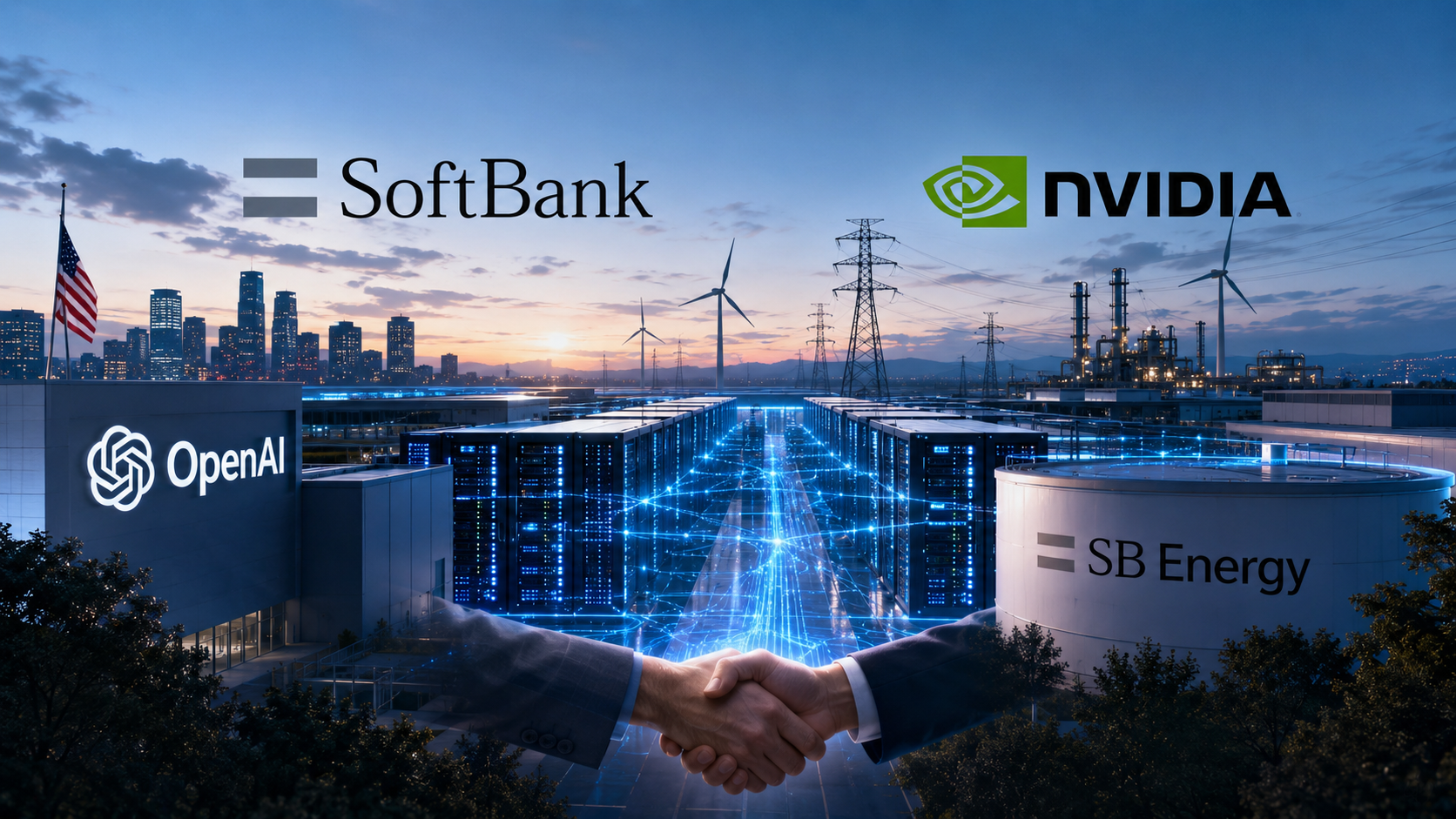 OpenAI, SB Energy, Nvidia et SoftBank représentés autour d’un vaste complexe de data centers et d’infrastructures énergétiques aux États-Unis, illustrant les investissements massifs dans la puissance de calcul et l’énergie nécessaires à l’intelligence artificielle.