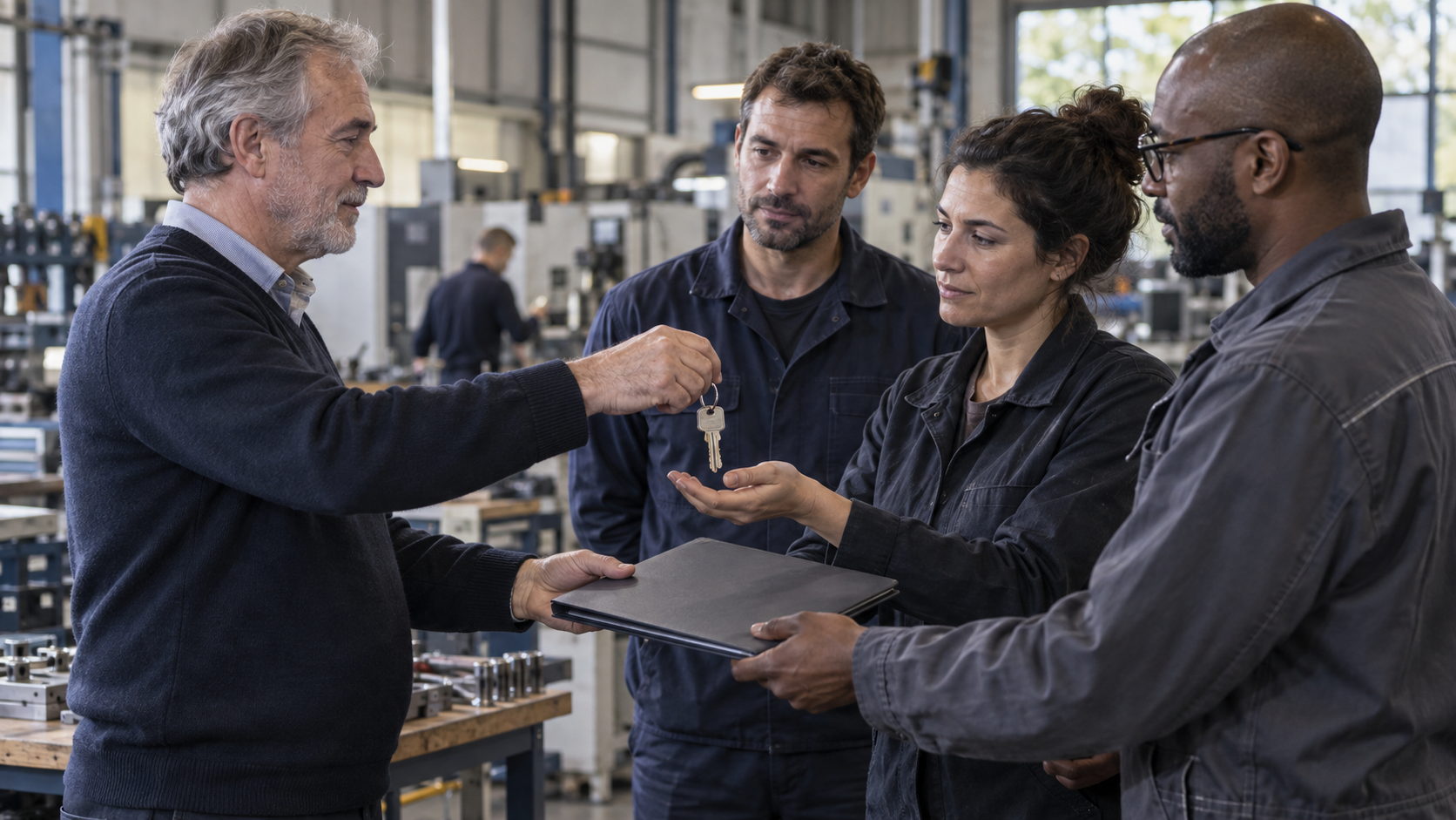 Un dirigeant de PME remet les clés et le dossier de son entreprise à trois salariés dans un atelier industriel, illustrant la transmission d’entreprise encouragée par le futur Pacte Papin.