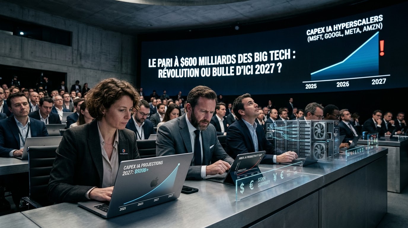 Une photographie en plan large d'une conférence financière et technologique dans un amphithéâtre moderne en béton, où des analystes et des dirigeants d'entreprise en costume, concentrés sur leurs ordinateurs portables, font face à un immense écran panoramique affichant un graphique boursier en forte hausse avec le titre « LE PARI À $600 MILLIARDS DES BIG TECH : RÉVOLUTION OU BULLE D'ICI 2027 ? ».