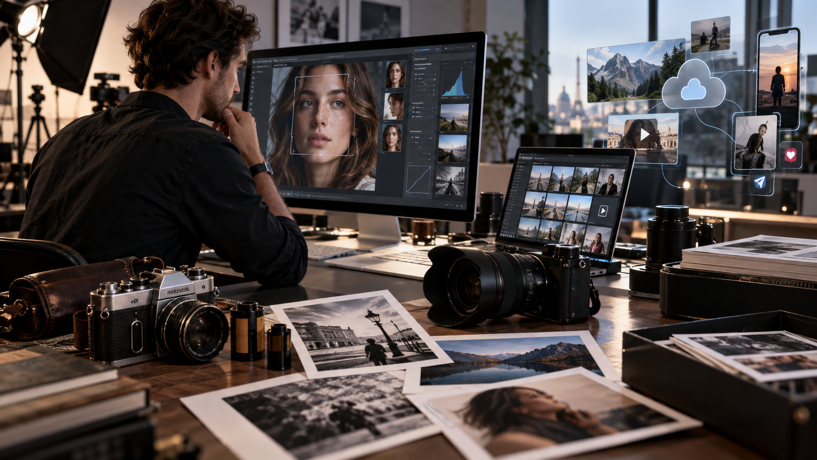 Photographe travaillant dans un studio moderne entre appareil photo numérique, boîtier argentique, tirages papier et logiciels de retouche assistés par intelligence artificielle, illustrant la transformation du marché de la photo, la traçabilité des images et la recherche d’authenticité en 2026.