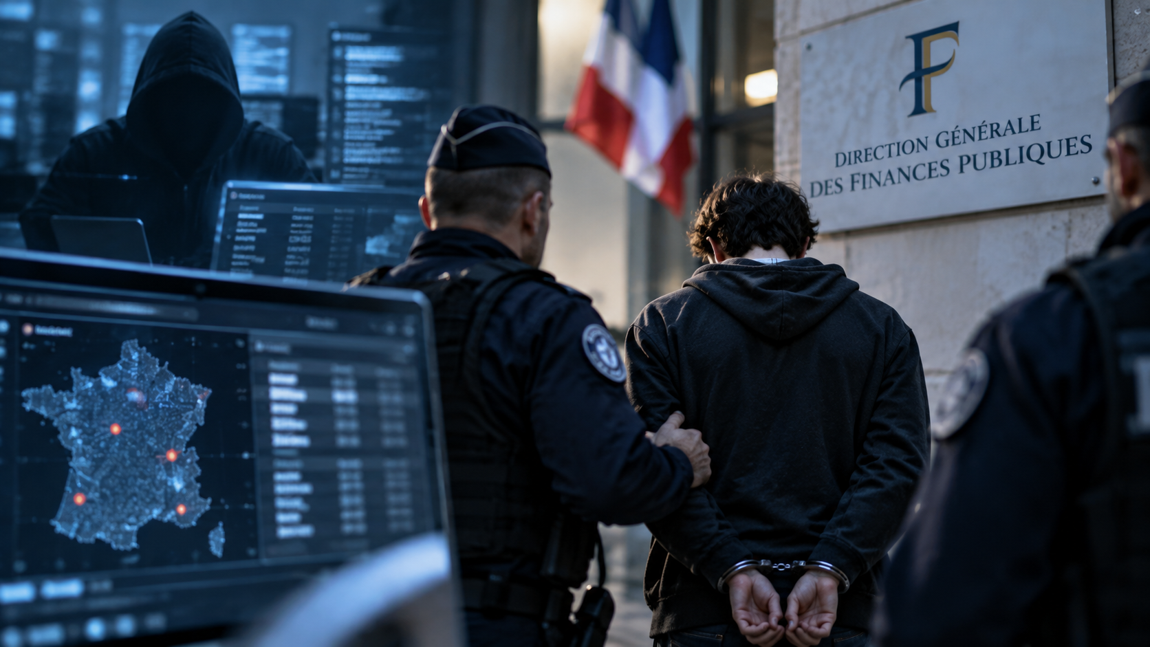 Un jeune homme menotté escorté par des policiers devant la Direction générale des Finances publiques, avec des écrans de cybersécurité en arrière-plan, illustration de l’enquête sur le piratage de la DGFiP revendiqué par ZeroBytes.
