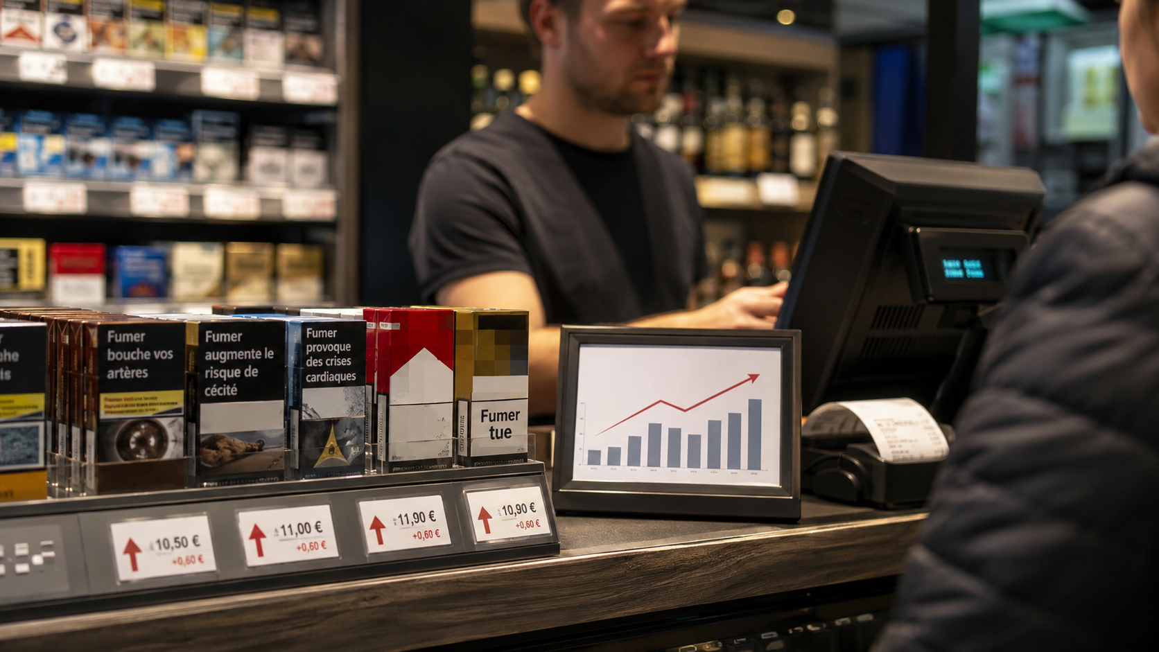 Illustration réaliste d’un bureau de tabac en France avec plusieurs paquets de cigarettes exposés au comptoir, des étiquettes de prix indiquant des évolutions tarifaires et un graphique en hausse symbolisant les changements de prix du tabac au 1er septembre 2026. La scène montre également un buraliste à la caisse et met en avant l’impact des nouveaux tarifs sur les cigarettes, le pouvoir d’achat des consommateurs et les prix pratiqués chez les débitants de tabac.