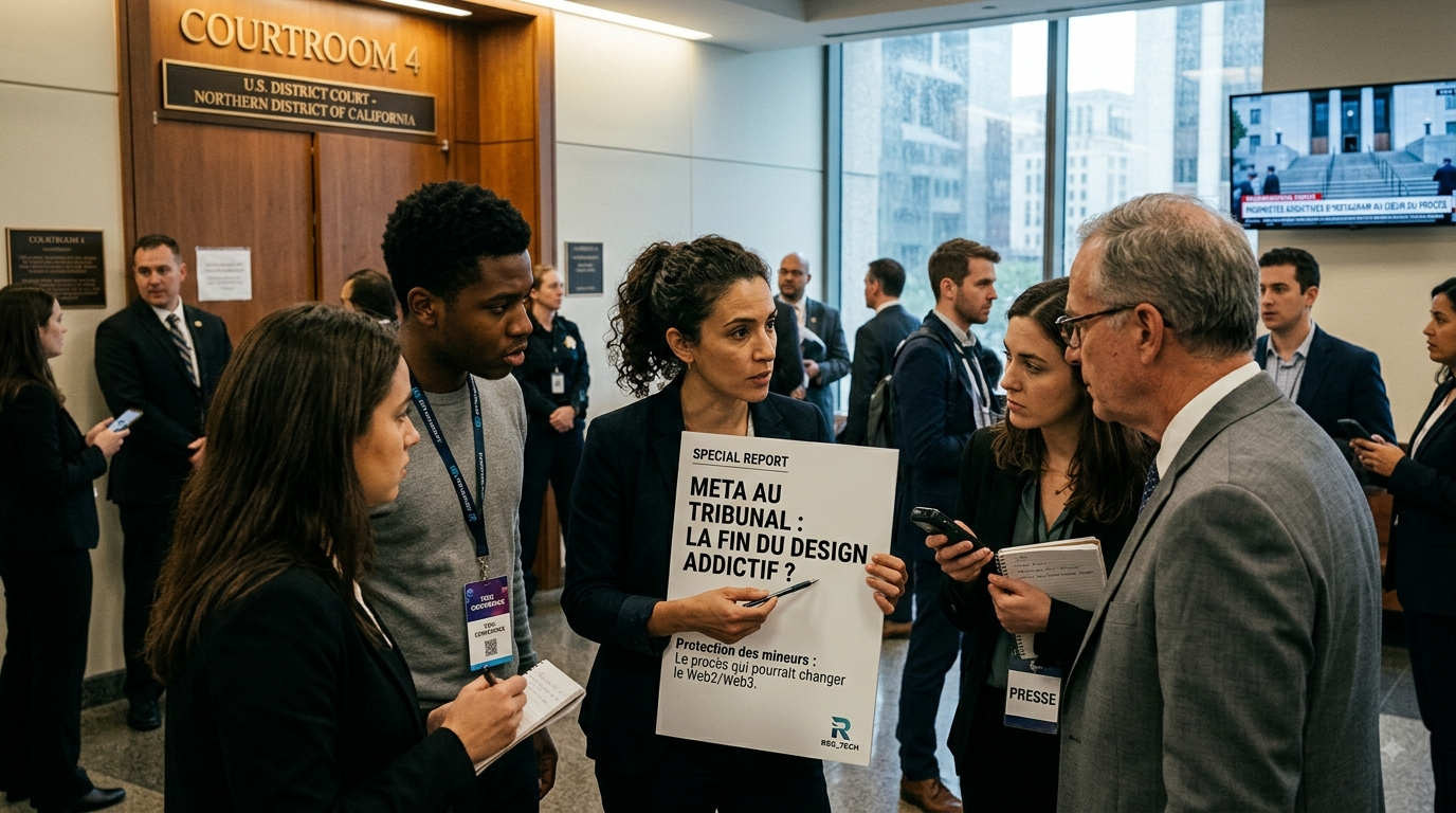 Une photographie de presse réaliste en 16:9 montre un groupe de quatre professionnels de la technologie et des médias en discussion intense dans un couloir de tribunal bondé. Au centre, une experte UX métisse tient une grande couverture de magazine de simulation (mock-up) avec le titre : « META AU TRIBUNAL : LA FIN DU DESIGN ADDICTIF ? ». Le sous-titre est : « Protection des mineurs : Le procès qui pourrait changer le Web2/Web3. » Elle pointe un stylo sur le texte. Elle discute avec un jeune designer UX noir (avec un badge « TECH CONFERENCE »), une journaliste (tenant un carnet et un dictaphone) et un avocat senior. En arrière-plan, les portes du tribunal sont marquées « COURTROOM 4 - U.S. DISTRICT COURT - NORTHERN DISTRICT OF CALIFORNIA ». D'autres journalistes et personnel de sécurité sont visibles. La scène est éclairée par la lumière naturelle d'une grande fenêtre, capturant une ambiance de travail urgente et collaborative, avec un grain photojournalistique authentique.