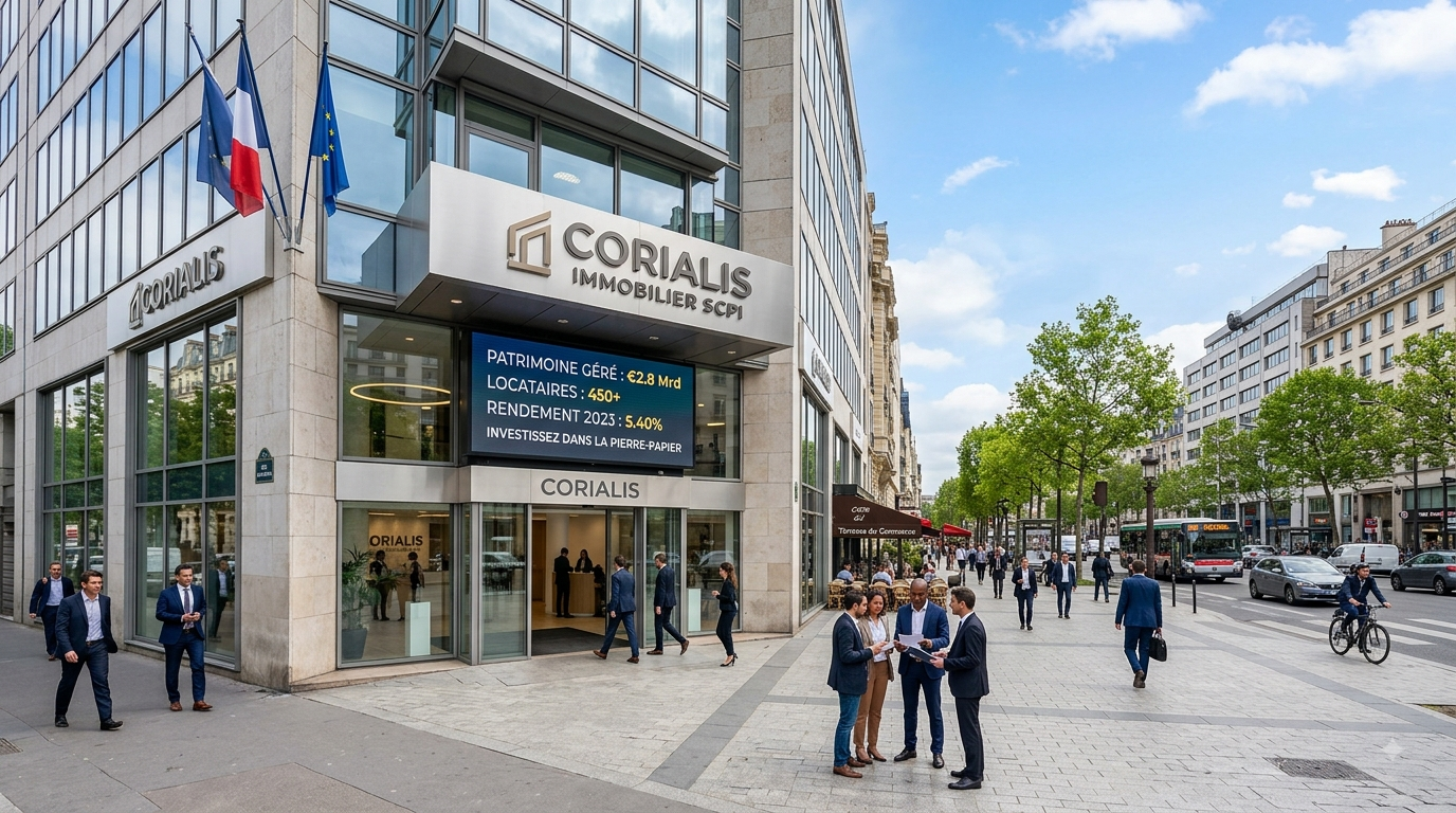 Un bâtiment tertiaire moderne à Paris affichant le logo d'une société de gestion immobilière (SCPI) avec un écran LED indiquant des chiffres clés du patrimoine. Devant l'immeuble, un groupe de professionnels en tenue d'affaires discute sur un trottoir animé.