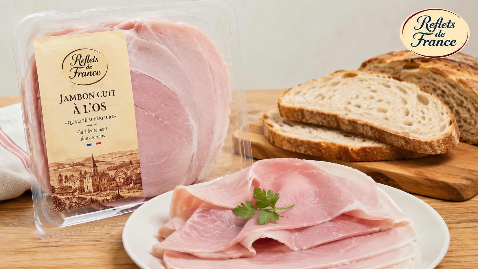Jambon cuit à l’os Reflets de France vendu chez Carrefour, illustrant le rappel de deux jambons de la marque en France pour présence de Listeria.
