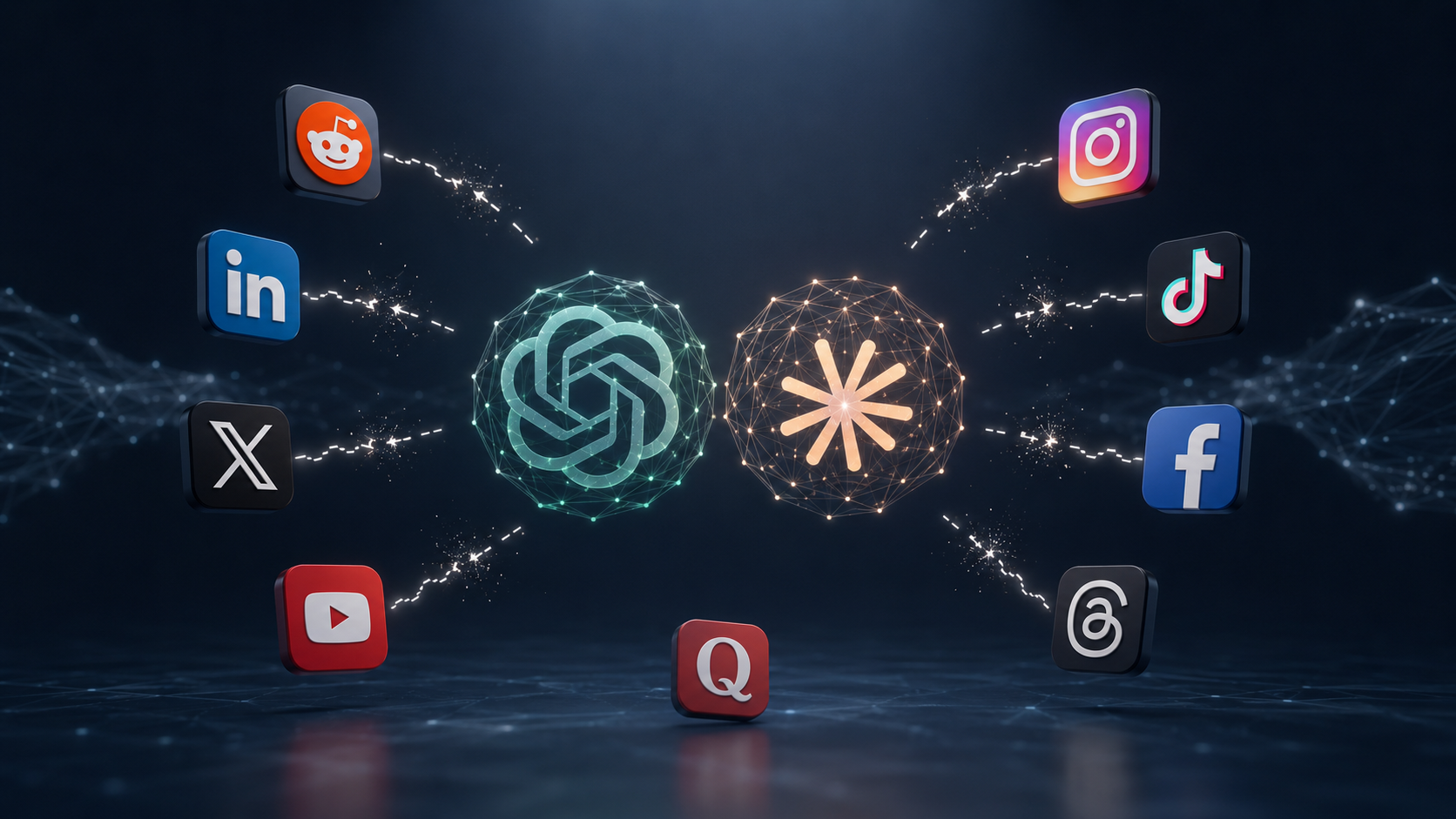 Illustration éditoriale en format 16:9 montrant les logos de Reddit, LinkedIn, X, YouTube, Instagram, TikTok, Facebook, Threads et Quora qui s’éloignent de deux noyaux d’intelligence artificielle représentant des LLM comme ChatGPT et Claude. Des connexions lumineuses rompues symbolisent la baisse d’influence des réseaux sociaux dans les sources citées par les IA génératives.